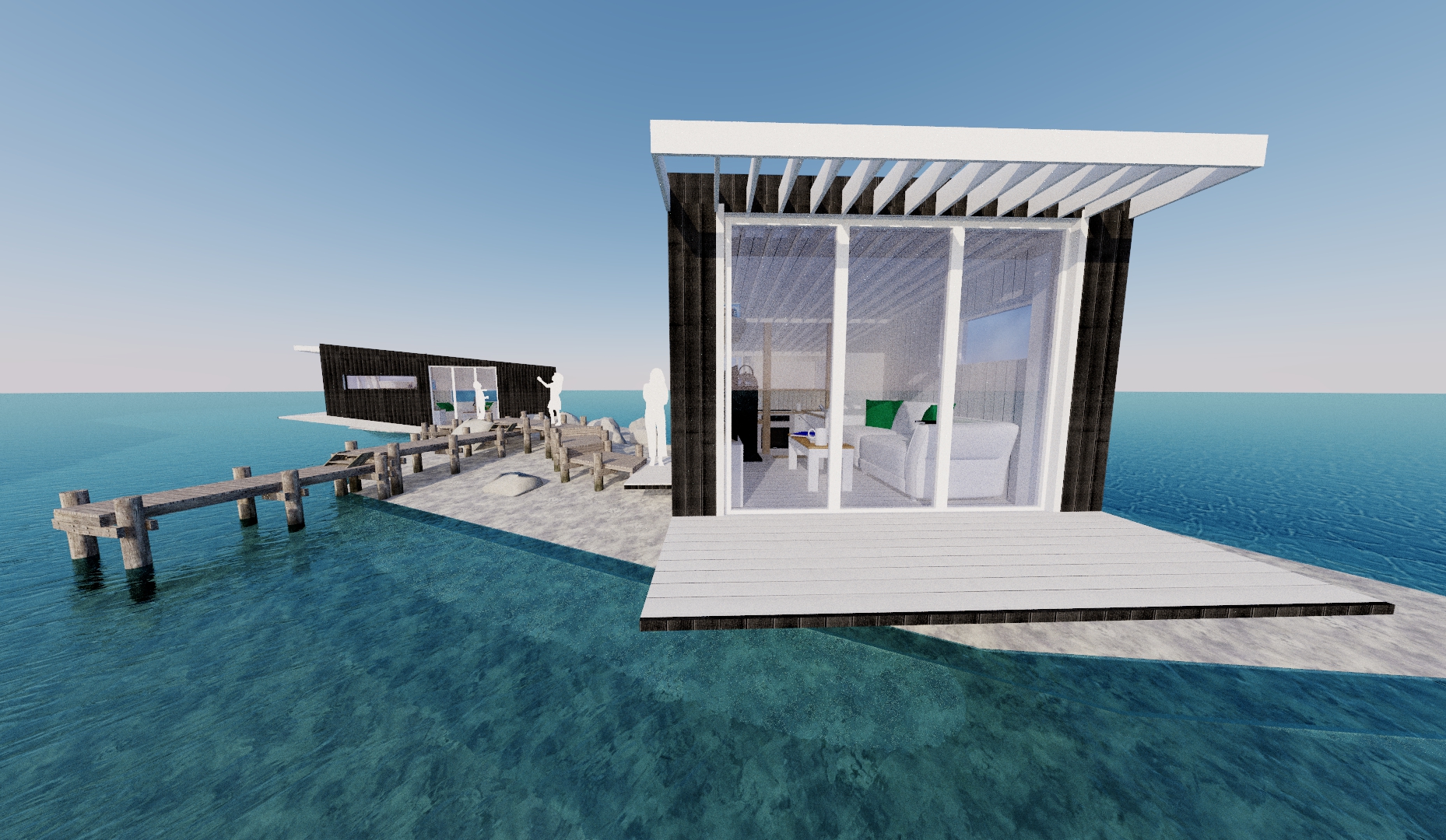 A rendered view showing the balcony on the larger cabin. Note the sun shuttering above.