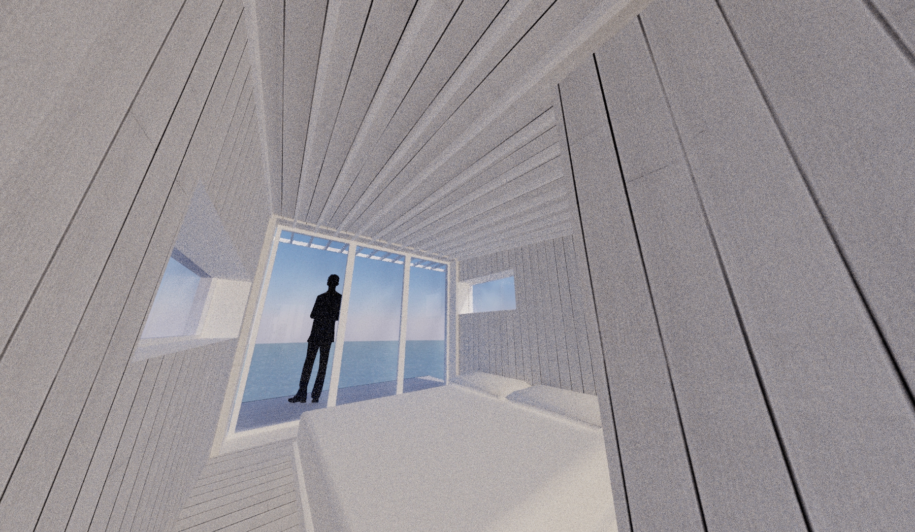 A render looking at the bedroom of the main cabin. It's very white! A pop of colour here and there wouldn't go amiss, but it's an easy problem to solve!