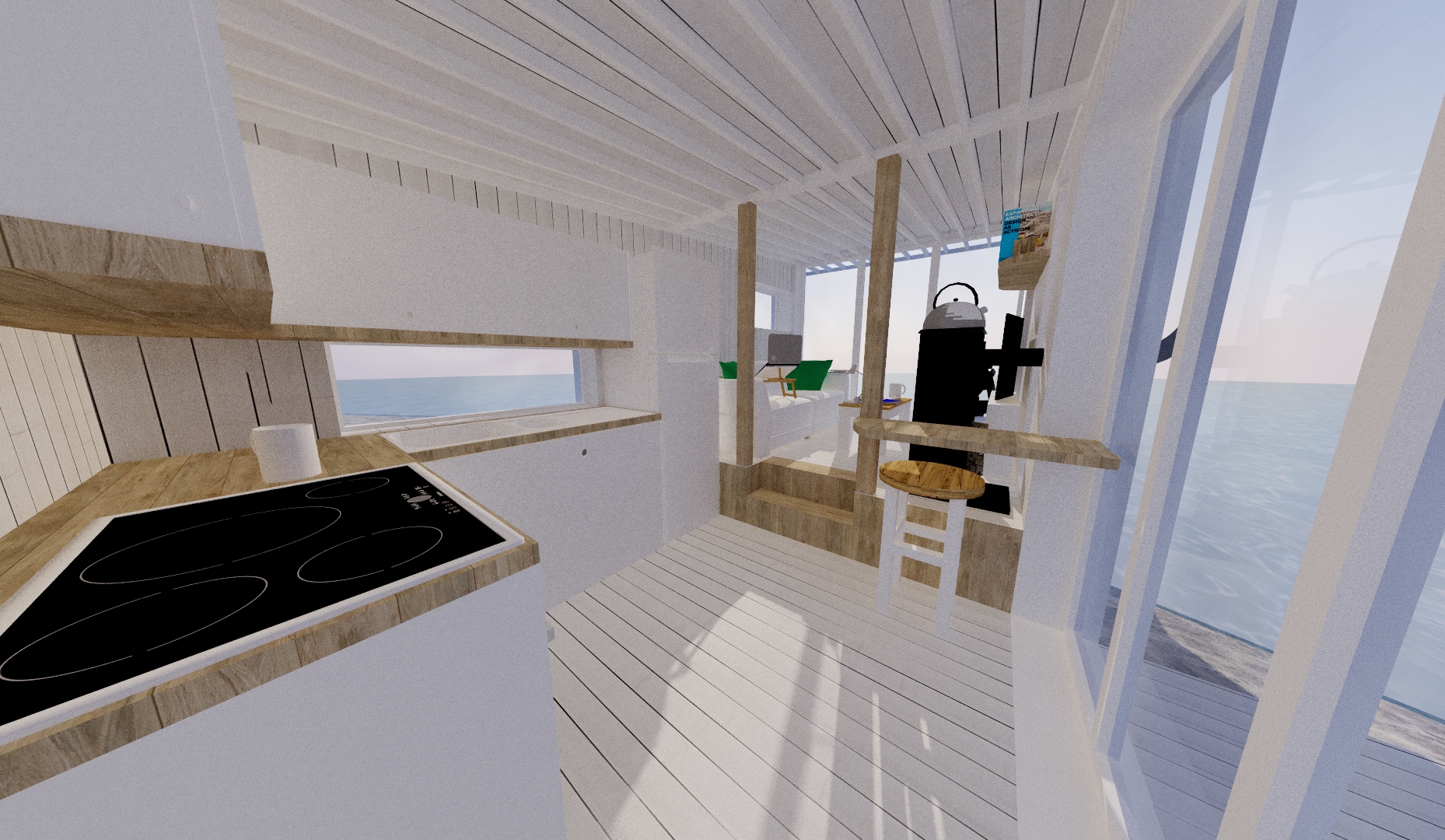 The kitchen of the main cabin has wooden worktops, steps, and posts to give some much needed colour and rough texture.