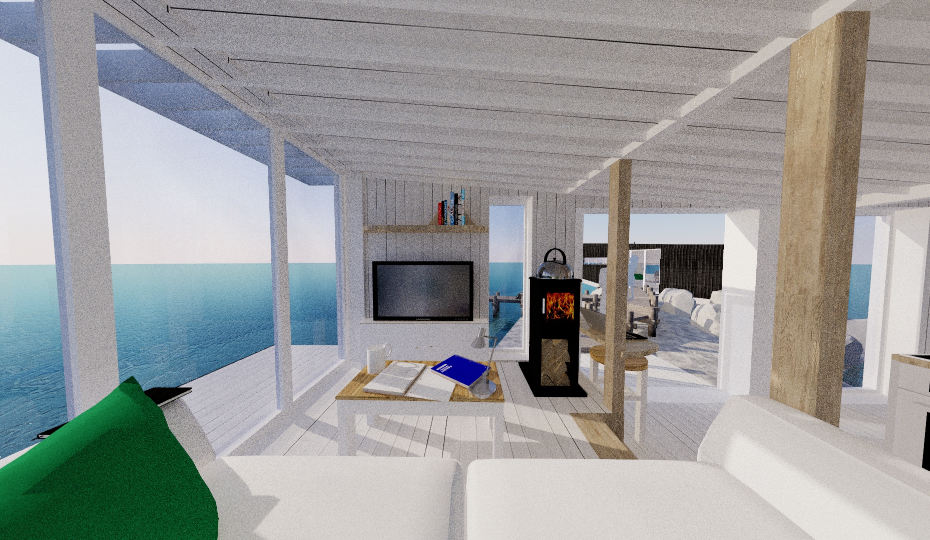 The final view looks from the sofa of the main cabin. A real light and airy space...