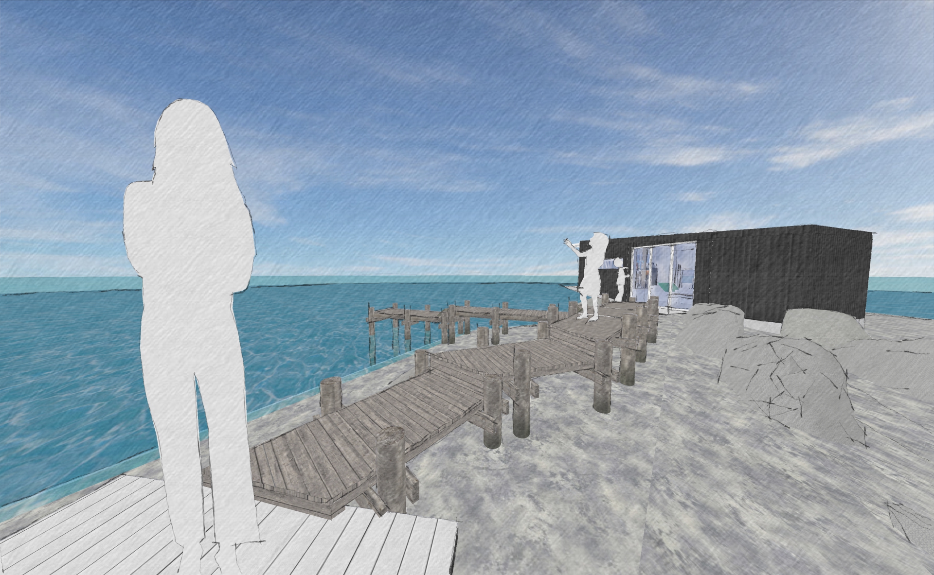 The meandering boardwalk links the two cabins together, and also features a short jetty.