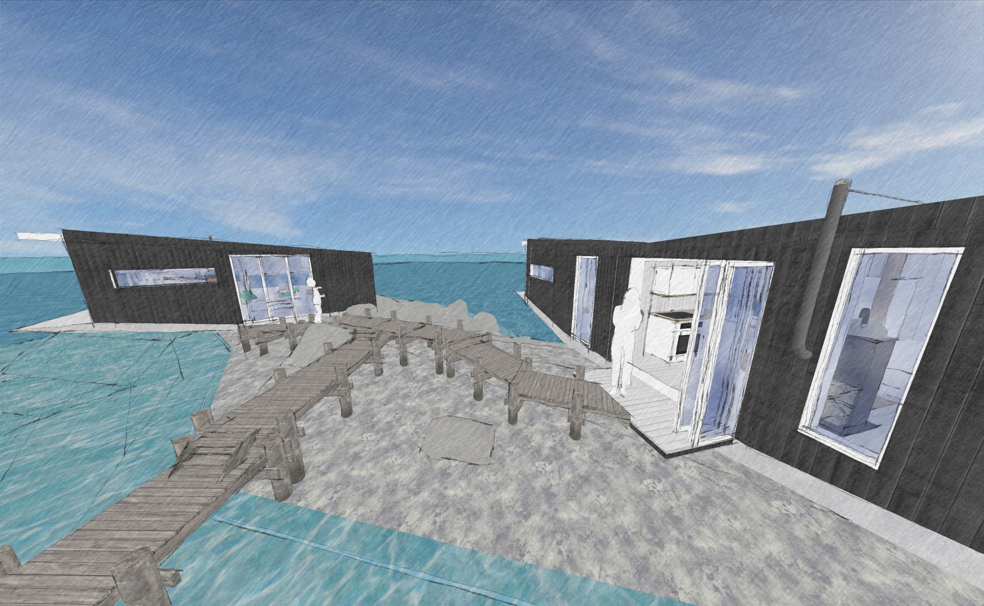 A slightly elevated view of the jetty and boardwalk. Note also the large full-height and panorama windows on both cabins.