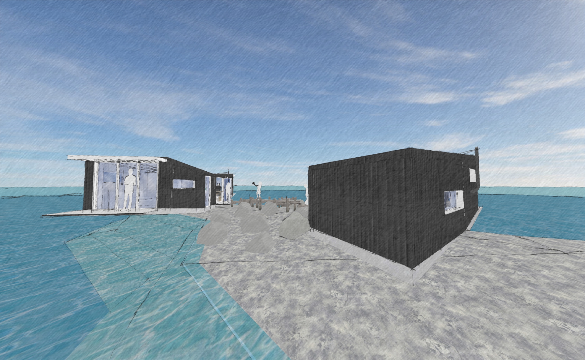 The larger cabin features balconies on both ends, but the smaller studio does not; as the wetroom is situated at the rear.