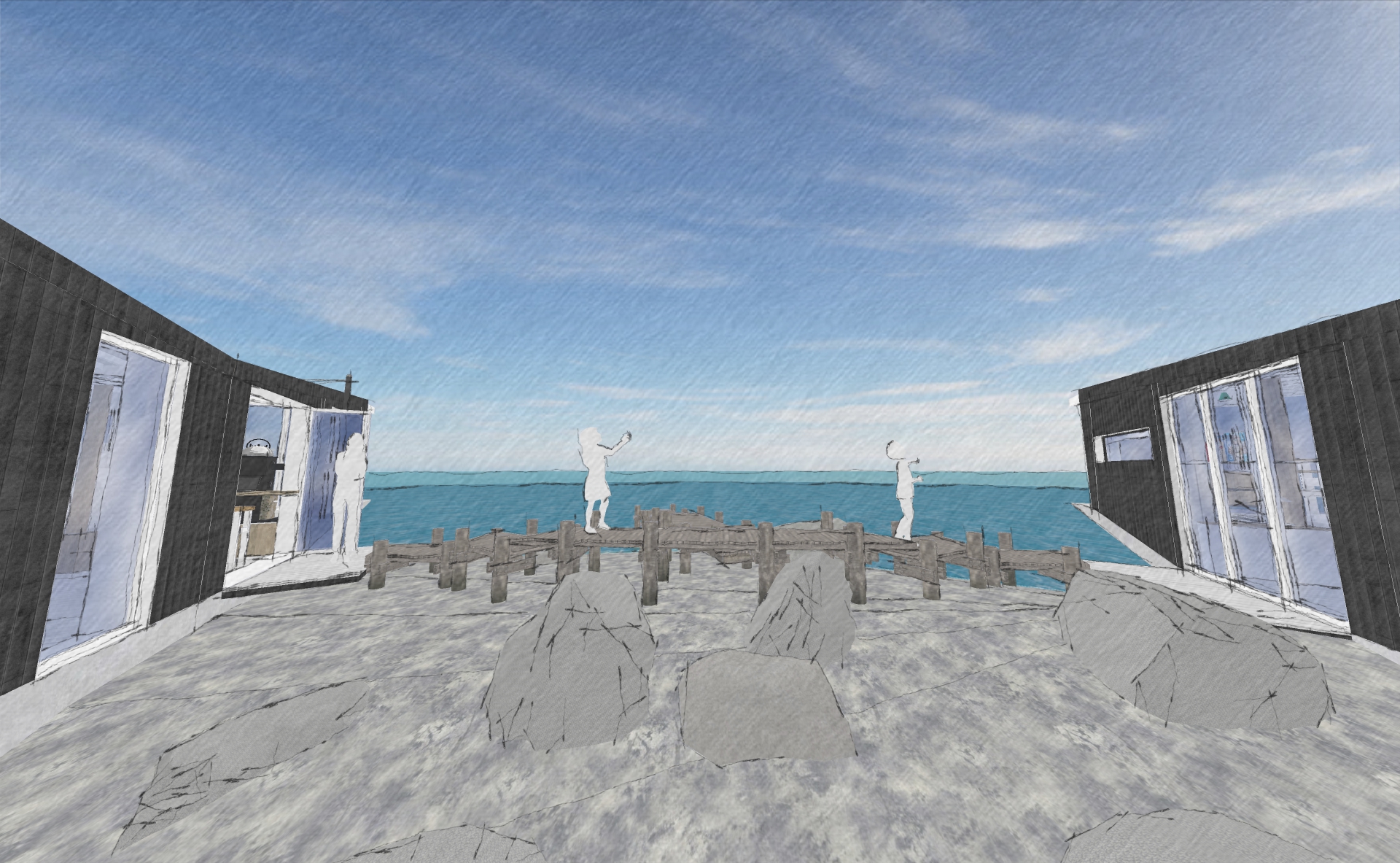 Rather than have a flat boardwalk, I chose to have one that follows the landscape. As the location is so remote, I have only added steps; but slopes will be more suitable for more accessible areas.