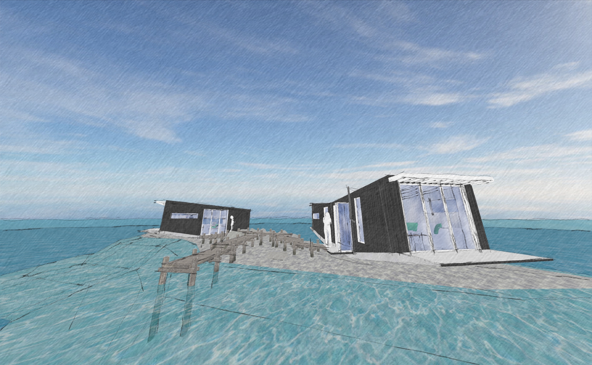 Being on their own tiny rocky island, the cabins are only accessible by boat - hence the need for a jetty!
