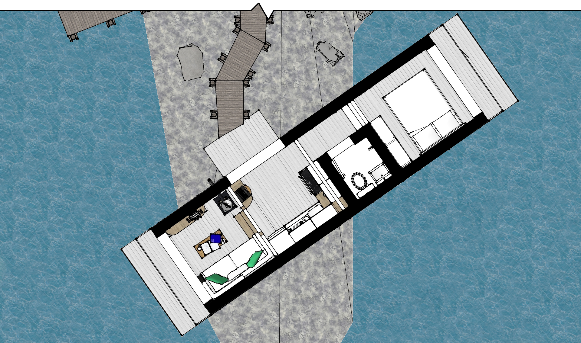 A plan view of the residence; showing the slim but long nature of the building.