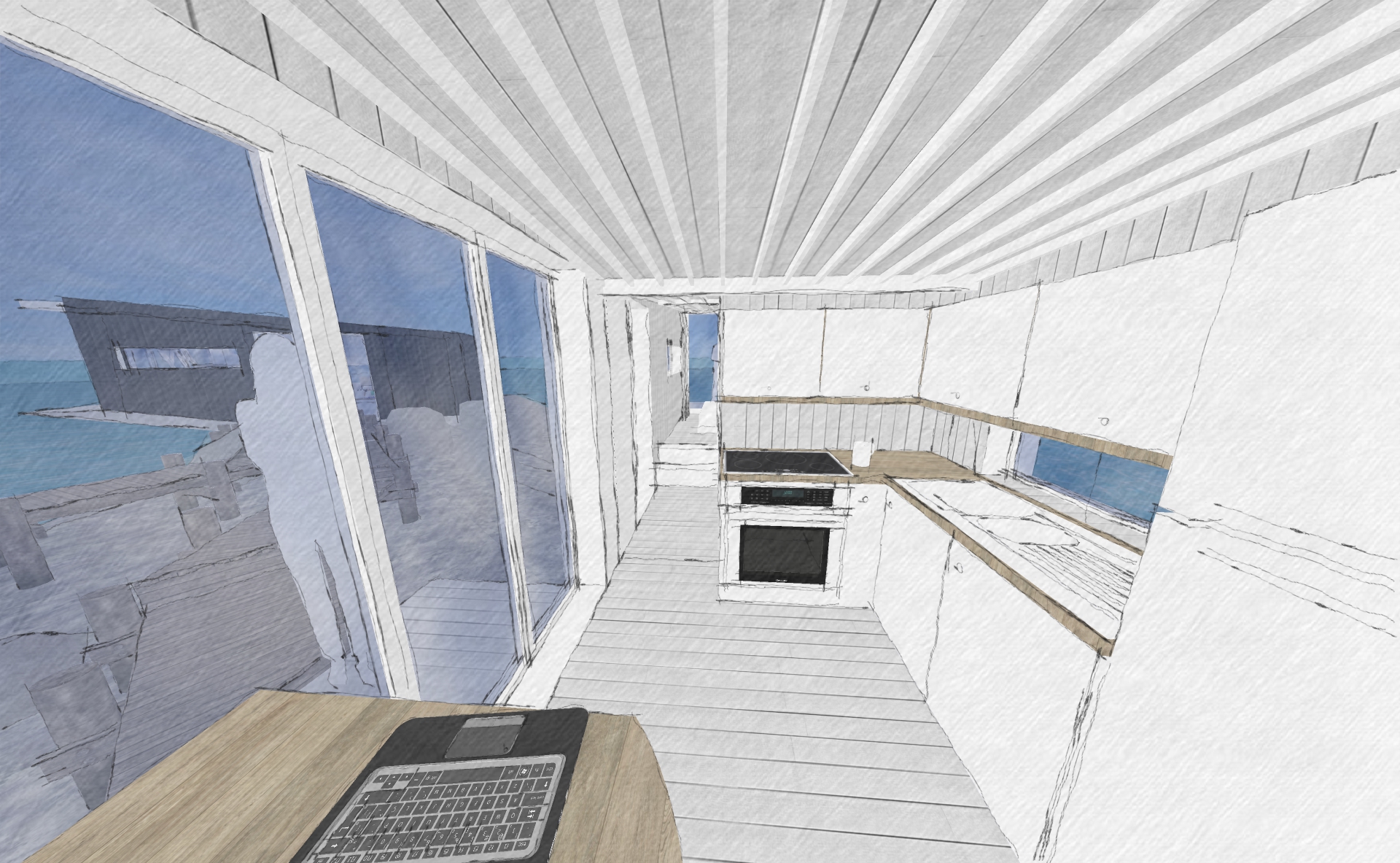 Another view looking from the living room divider to the kitchen and beyond to the outdoors. This shows just how much natural light is available; as those tri-fold doors are full-width!