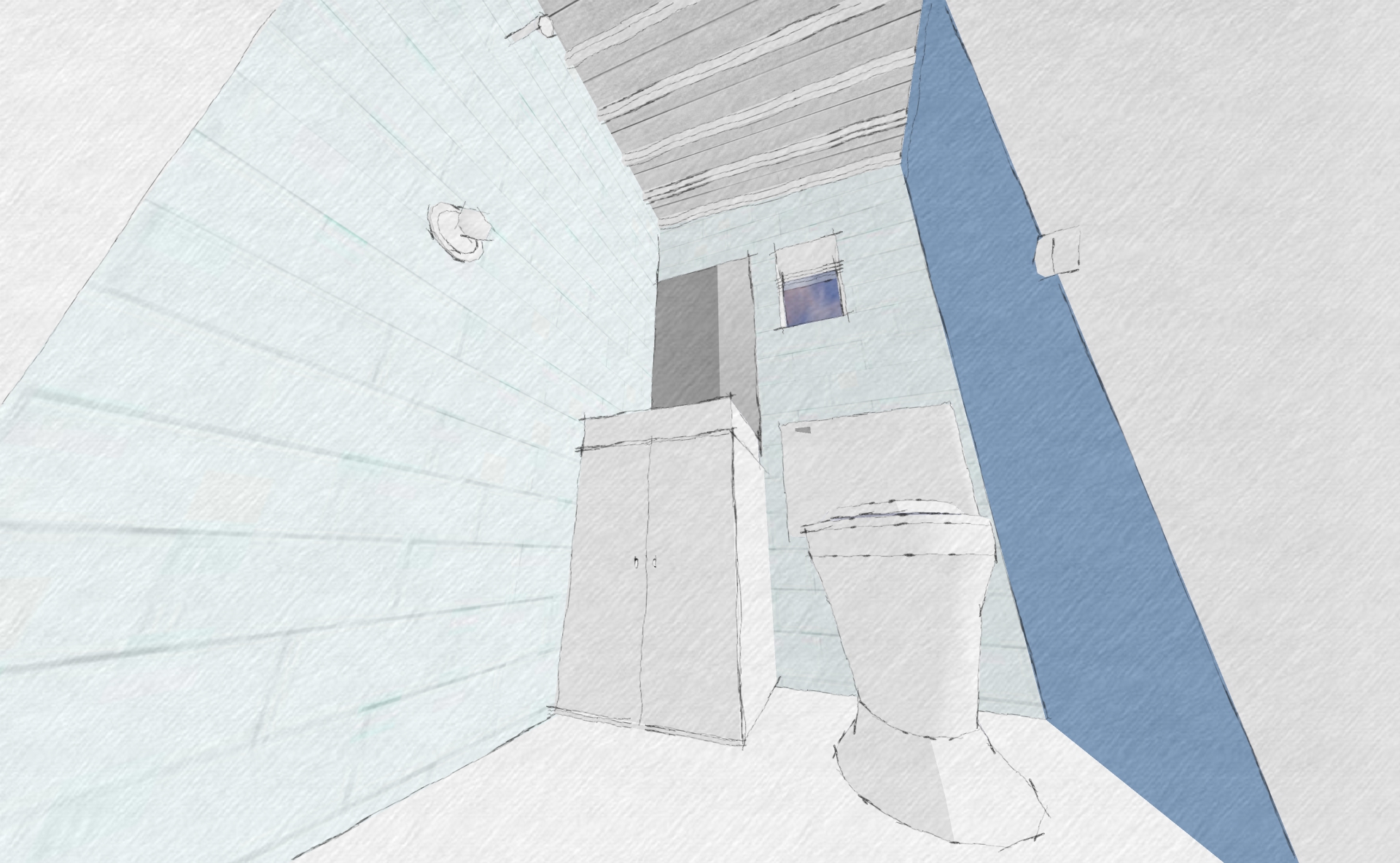 A sketch looking at the compact wetroom. There's just enough room for a toilet, basin, shower, and vanity.