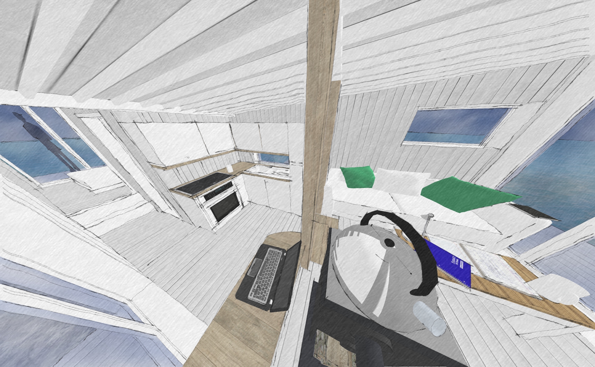An overview looking from the living area to the compact kitchen. The open-plan nature of the cabin becomes apparent; with steps separating each of the areas.