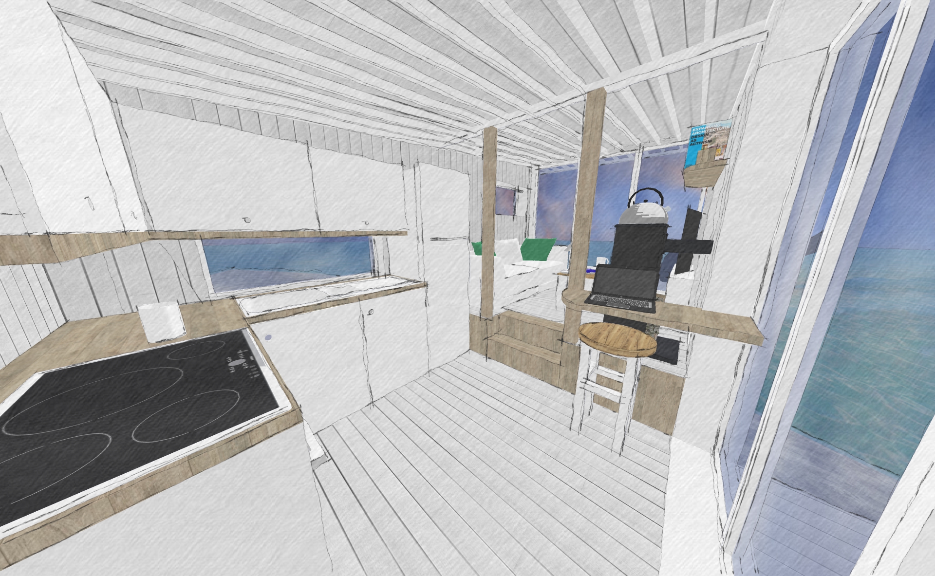 Looking at the kitchen, we can see that it is the first room as you enter the cabin. Note how the flooring matches that of the outside wooden deck (just visible through the glass doors).