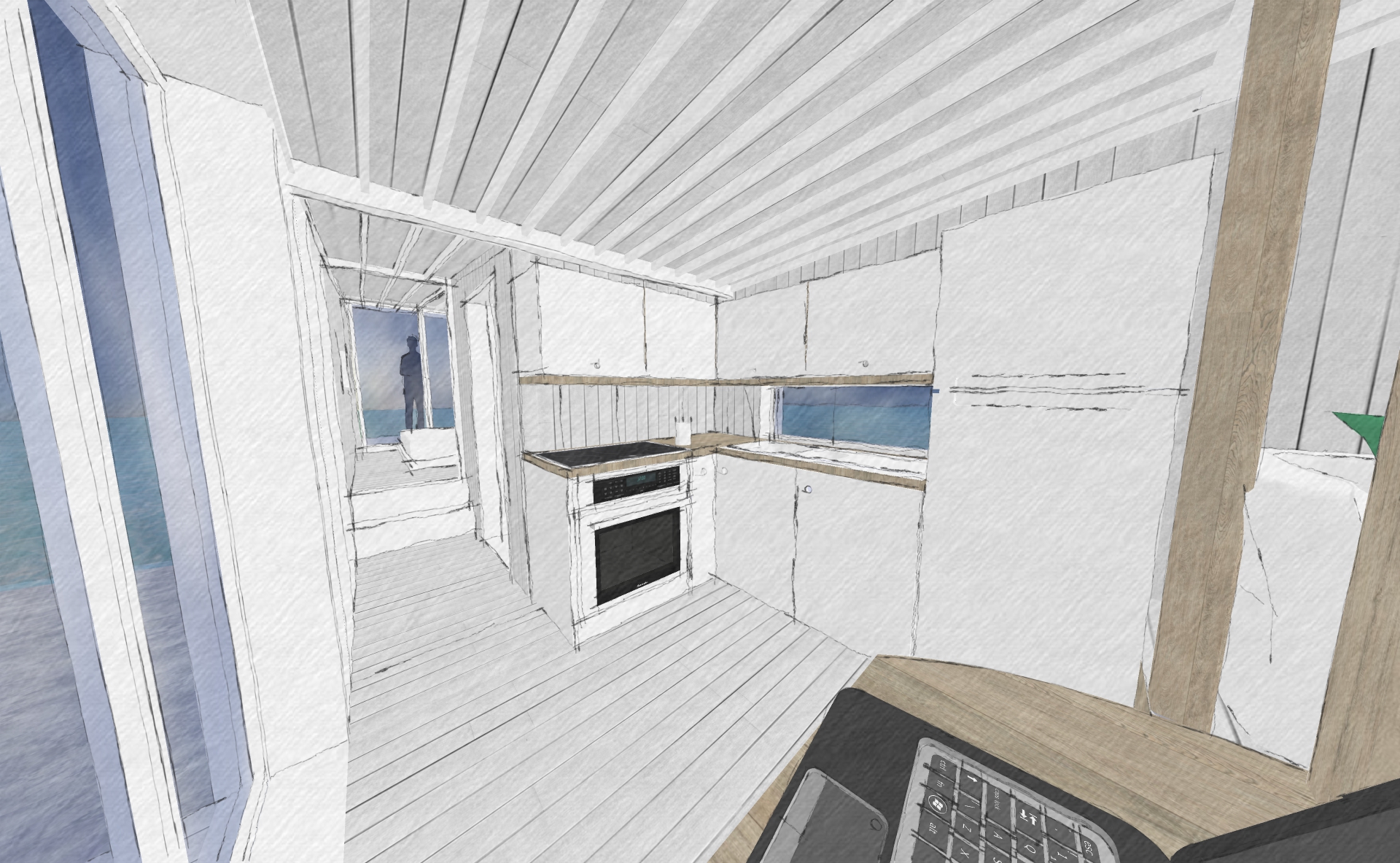 In the corner of the kitchen by the doors there is a small breakfast bar (just visible bottom right). From here, we have a great view straight through to the rear of the studio, and thence the sea.