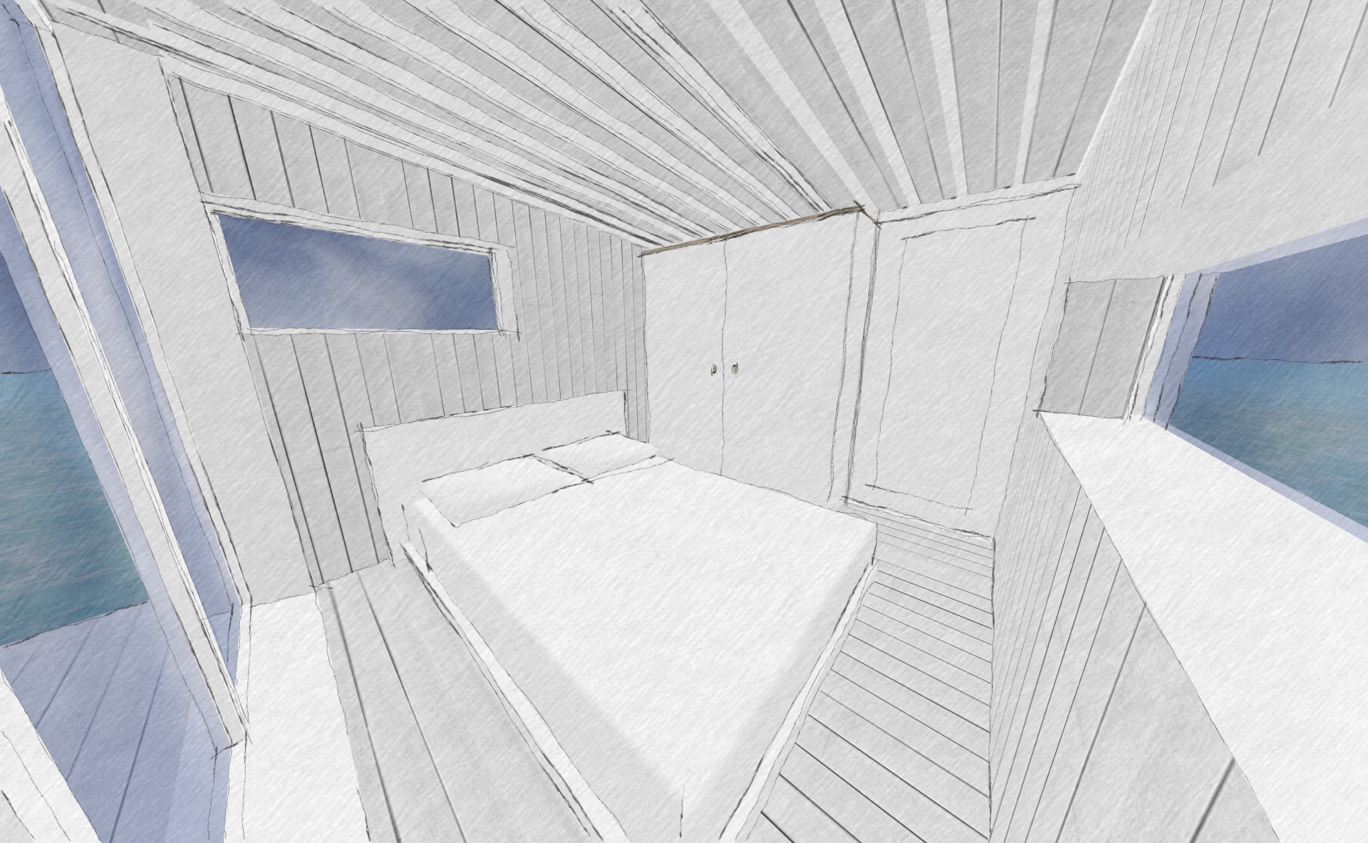Despite appearances, the bedroom actually has a door. In order to maximise space, the door actually slides into the wall when not in use. OK, so furniture is sparse, but there is at least space for a double bed and a large wardrobe.