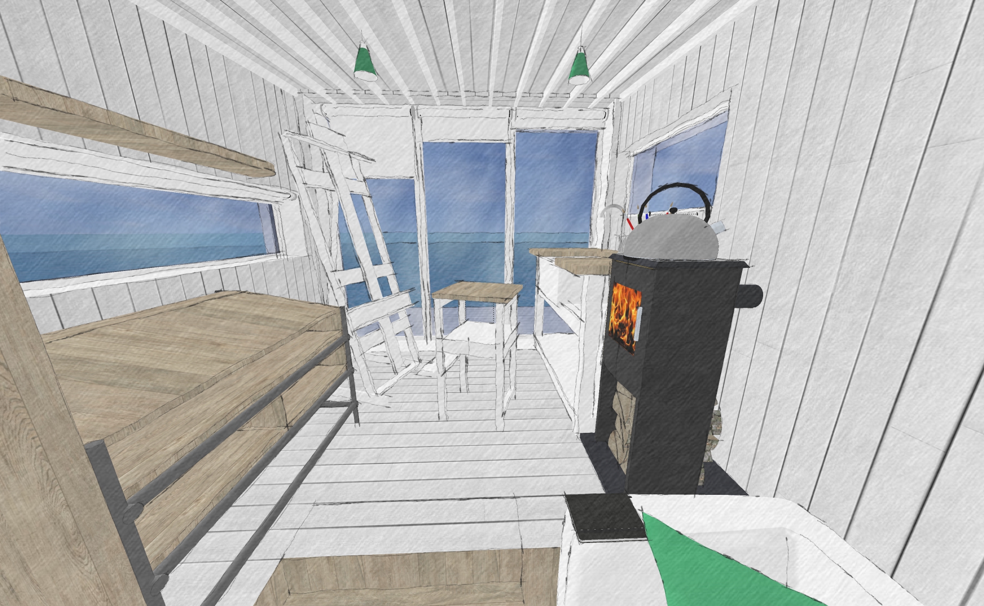 Looking from the bottom of the short flight of steps up to the artist's area. Note the fantastic views available in all directions. The sink unit is a bit overkill considering the wetroom is close by, but it at least shows there is room for it!