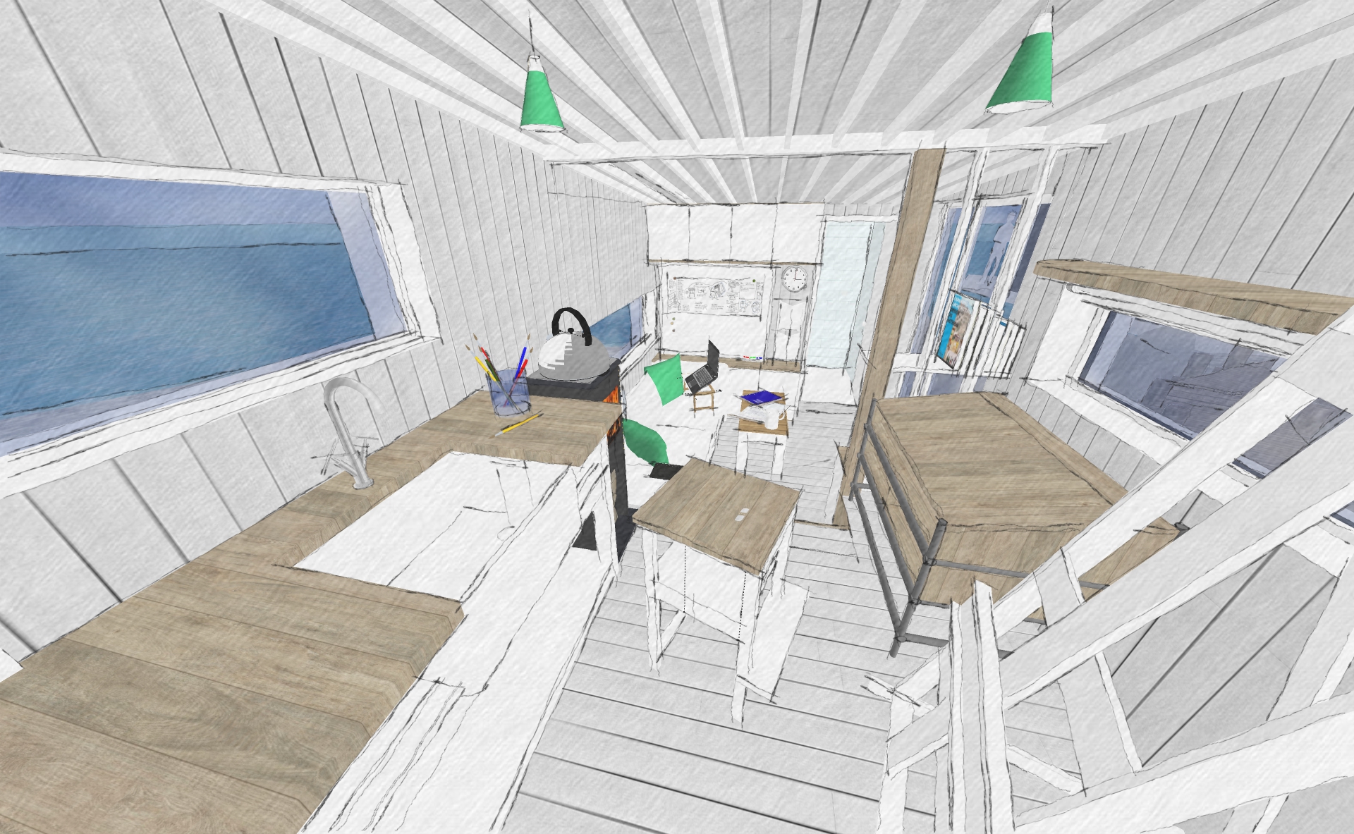 Turning around, we can see that the slope of the roof draws our eye down to the lounge area.