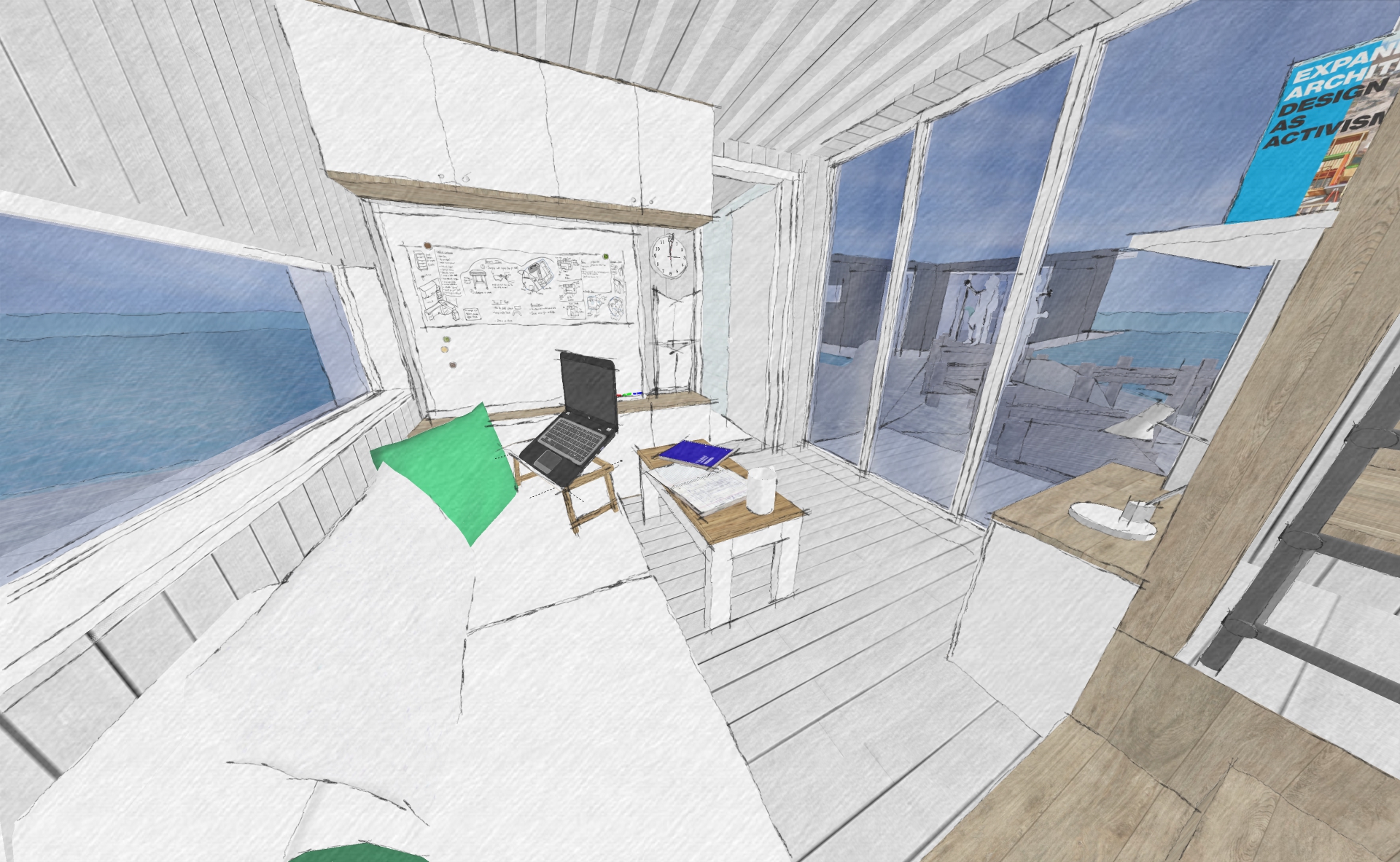 Going back down the stairs, we once again see that the narrow cabin is offset by the huge amount of glass - helping the inside feel like part of the outside. There are plenty of storage cupboards here, along with a whiteboard, sofa, and coffee table. 