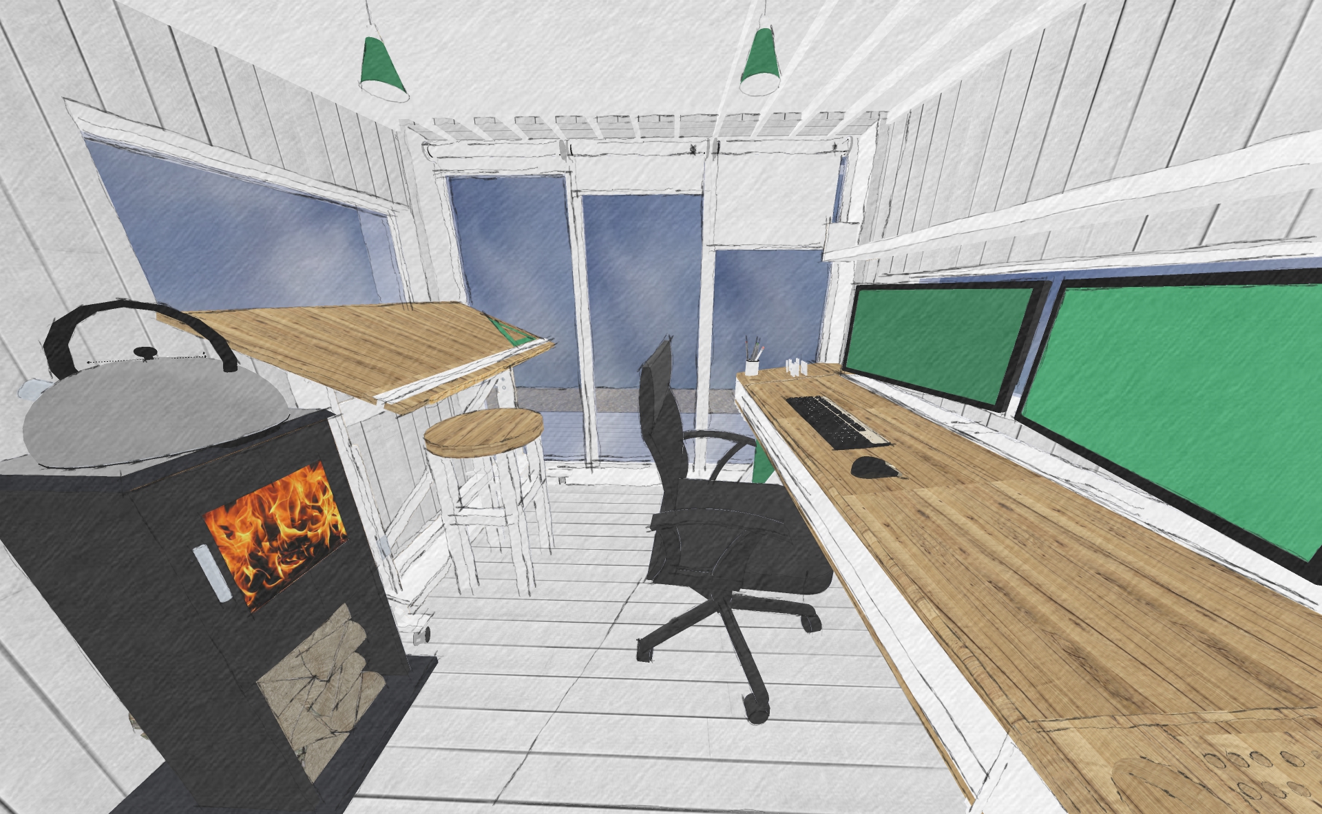 An alternate layout and use of the studio is shown here as an architect's office. It doesn't take much to adapt it to your needs...