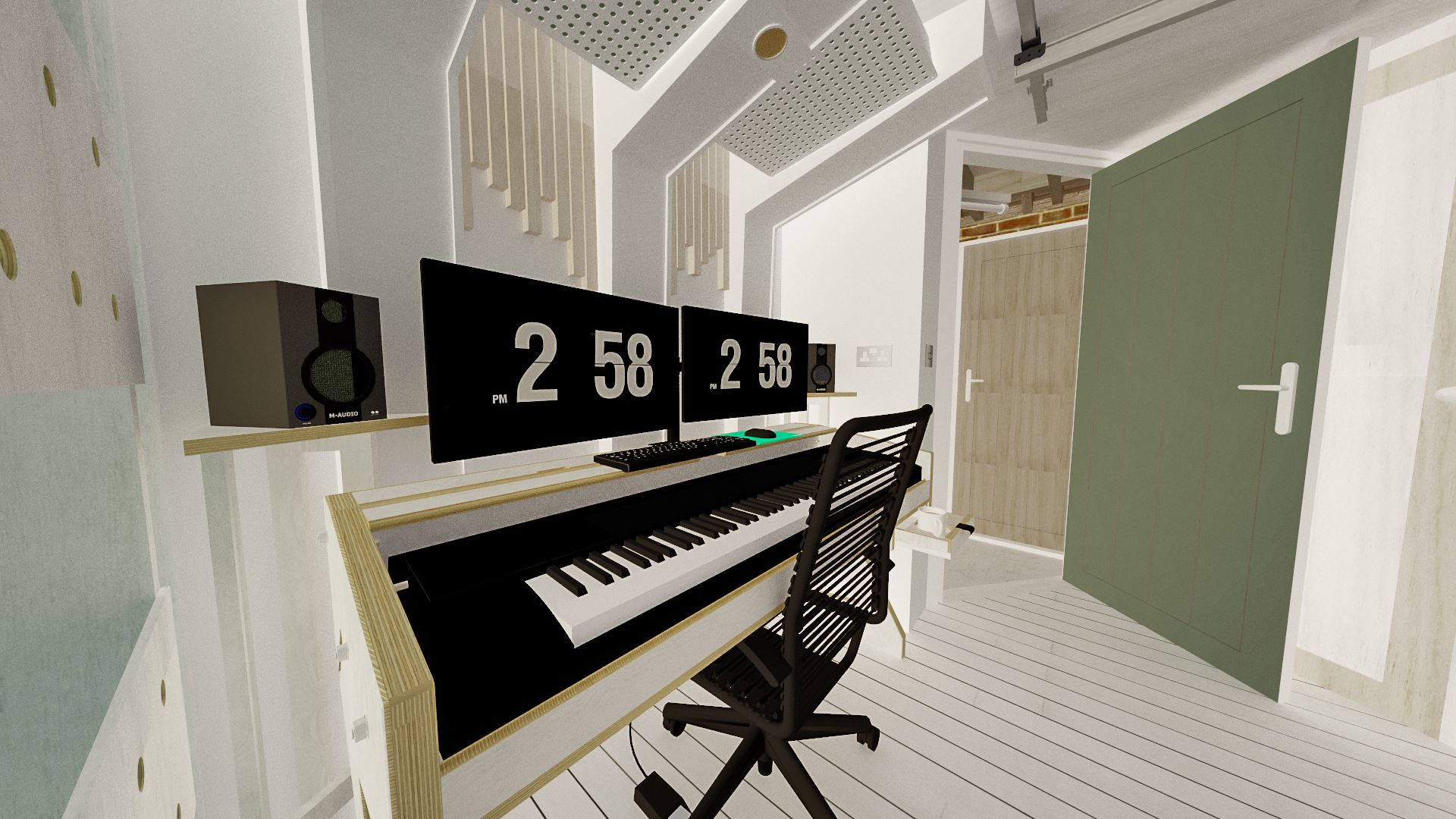 The interesting overhead acoustic panels are shown to good effect here, as are the neat yet simple decorative softwood batten slats behind the computer monitors; made to represent sound waves. Note how I'll have a good sight line looking out of the garage, and will be able to let fresh air in during the warm summer months.