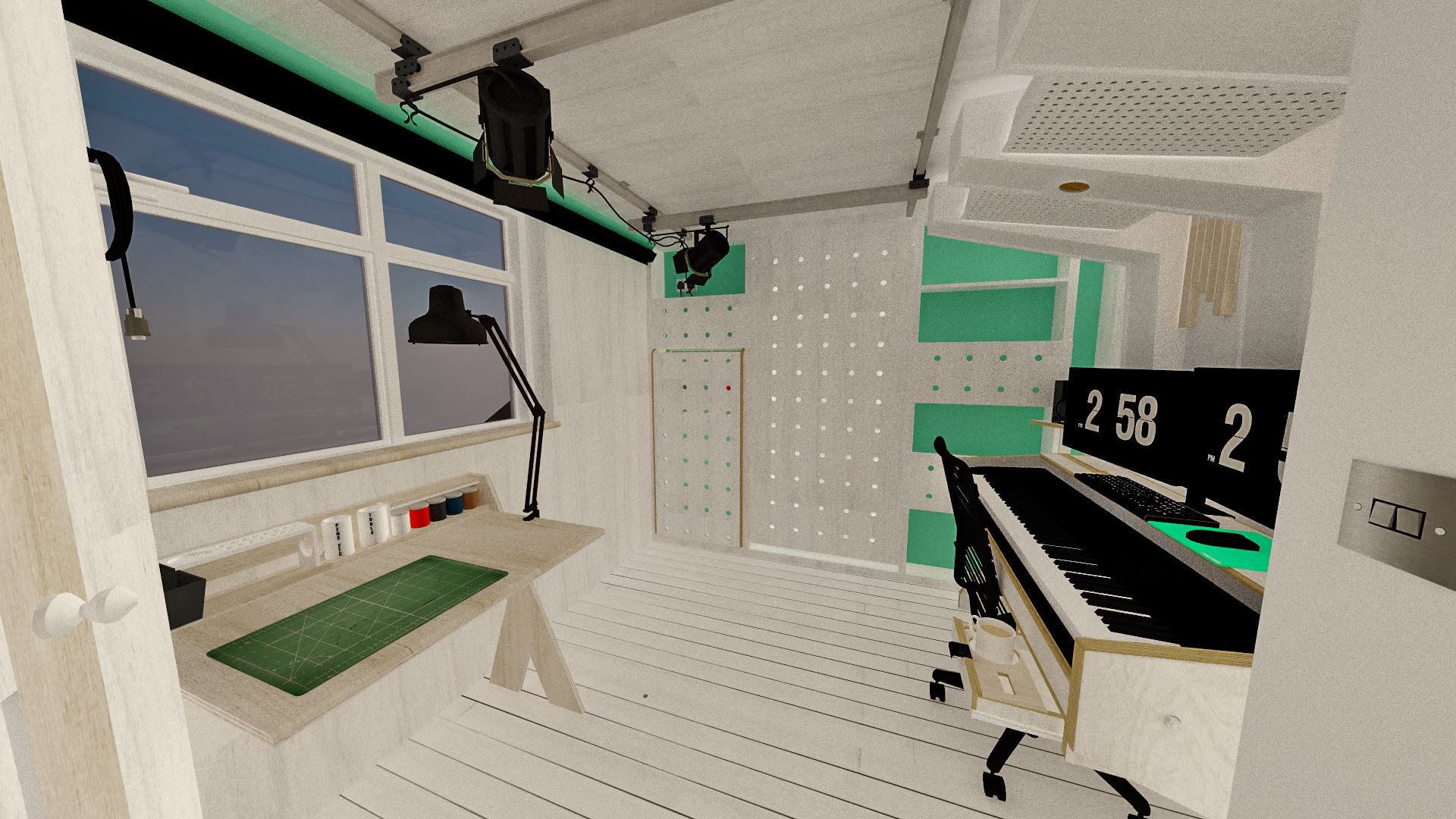 A general view showing the model-making bench in its stored position. With a low headroom of 2m, it's easy to see how such a room may not be ideal for taller people; especially with the lights and gantry hanging down considerably! It would be a good idea to keep the lamps as close to the wall as possible when not in use, and also away from the middle drop-down wall section.