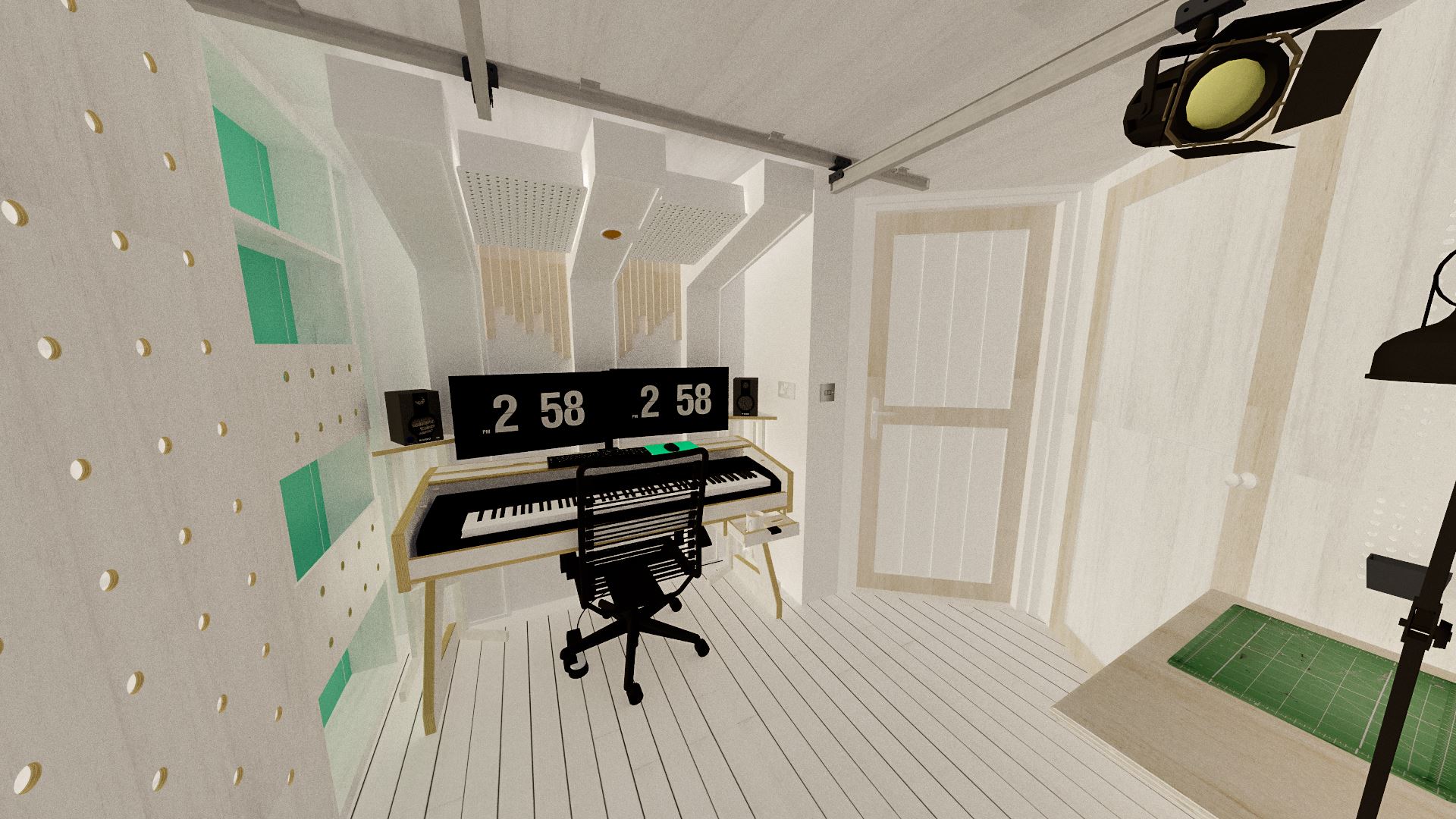 Working our way around the space back towards the entrance door, it may seem odd to have a door on the storage area that can only be opened when the main door is shut, but it does help keep the noisy PC out of the studio space, and also keeps things looking tidy.