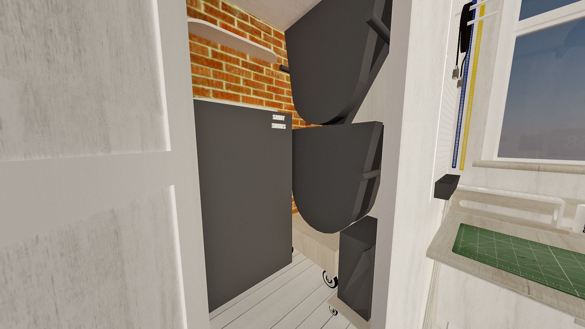 I have two model railways which have long needed a proper place to be stored. The multi-board layout will be stored on these metal 'spikes' that are bolted to the wall, and the other sits upright in a specially-made box.
