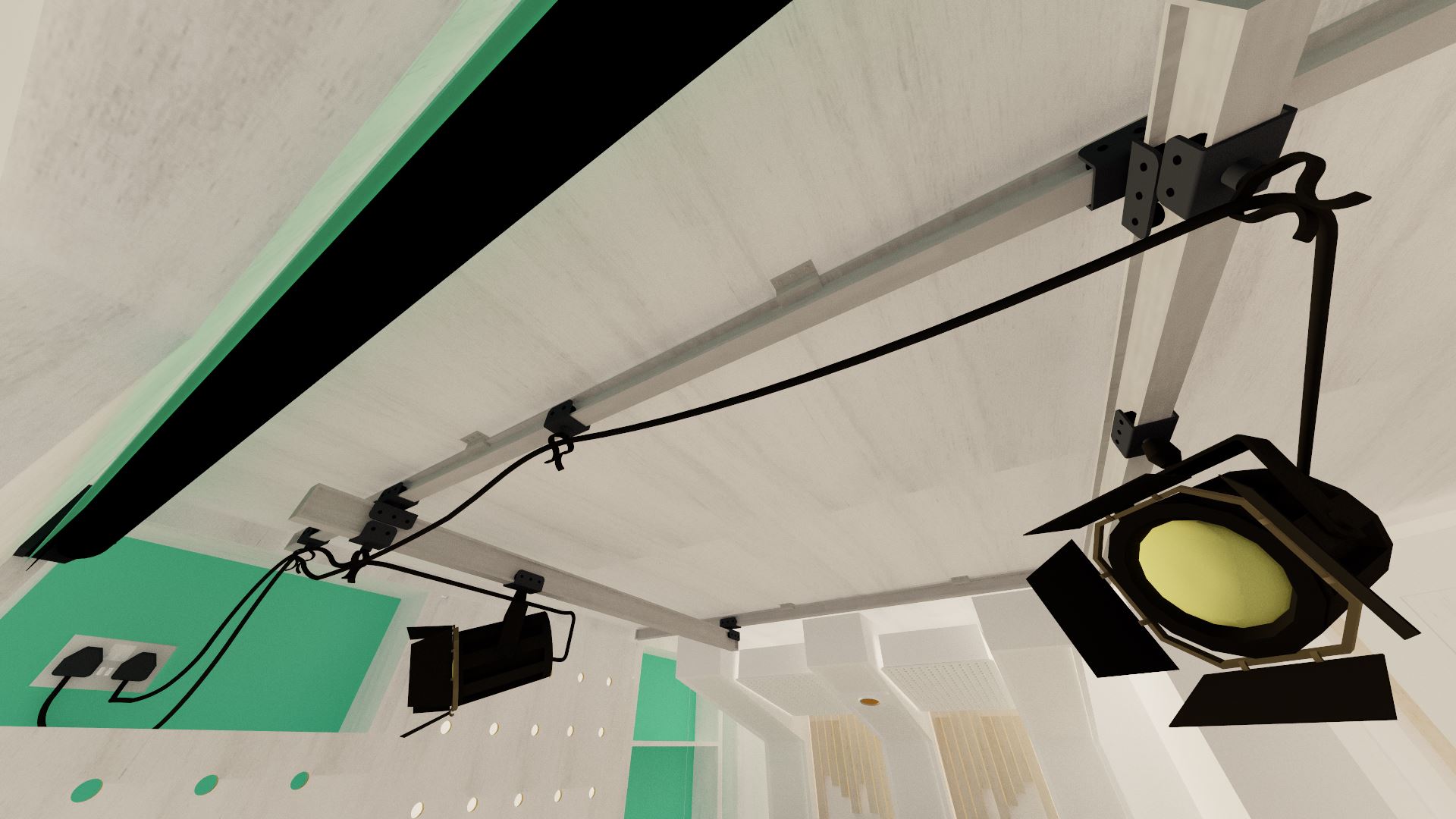 The lighting gantry is rigged up in a way that allows each light to traverse in 4 directions; so the light will always be where you need it. I've shown two professional level studio lights here, but one would probably be plenty.