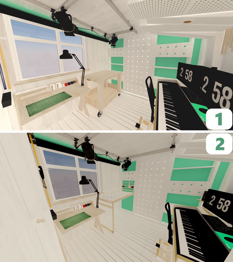 Space is tight, so the key in this area was to make use of collapsible/moveable furniture. Yep, that means more furniture that I have designed, and will need to build! My original plan <strong>(1)</strong> shows a rolling workbench, whereas the final plan <strong>(2)</strong> shows the fold up/down slender, yet sturdy, bench.