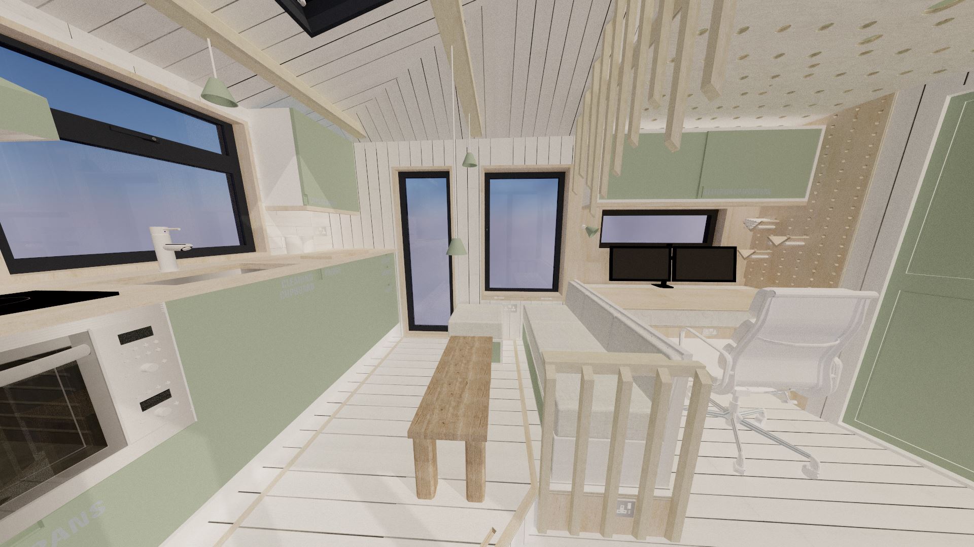 With both the living and working areas in full view, it really goes to show just how compact this space is. Note the panel on the floor of the living area that lifts up to provide seasonal storage.