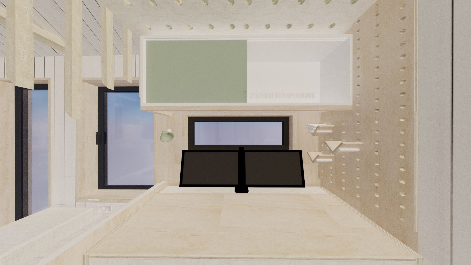 The workspace features plenty of storage!