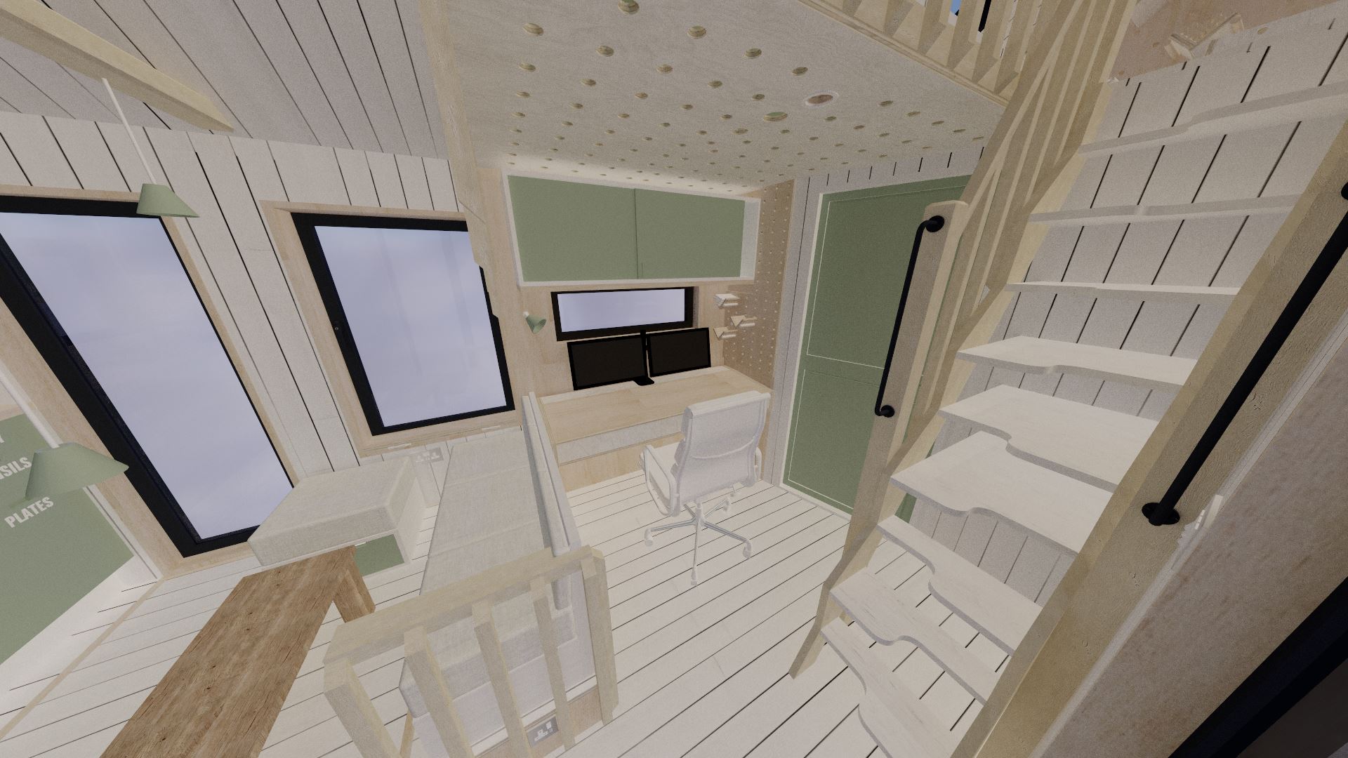Looking over to the compact working area gives us a better look at the alternate tread stairs. Note how some of them reach all the way back to the wetroom wall for added shelving!