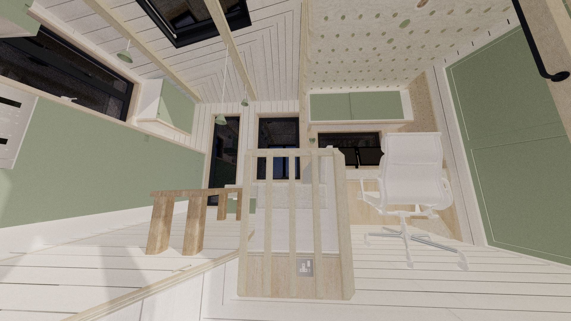 Walking in through the bi-fold doors, the effectiveness of raising the living area is shown to good effect. Note the socket between the handrail posts, and the skylight above.