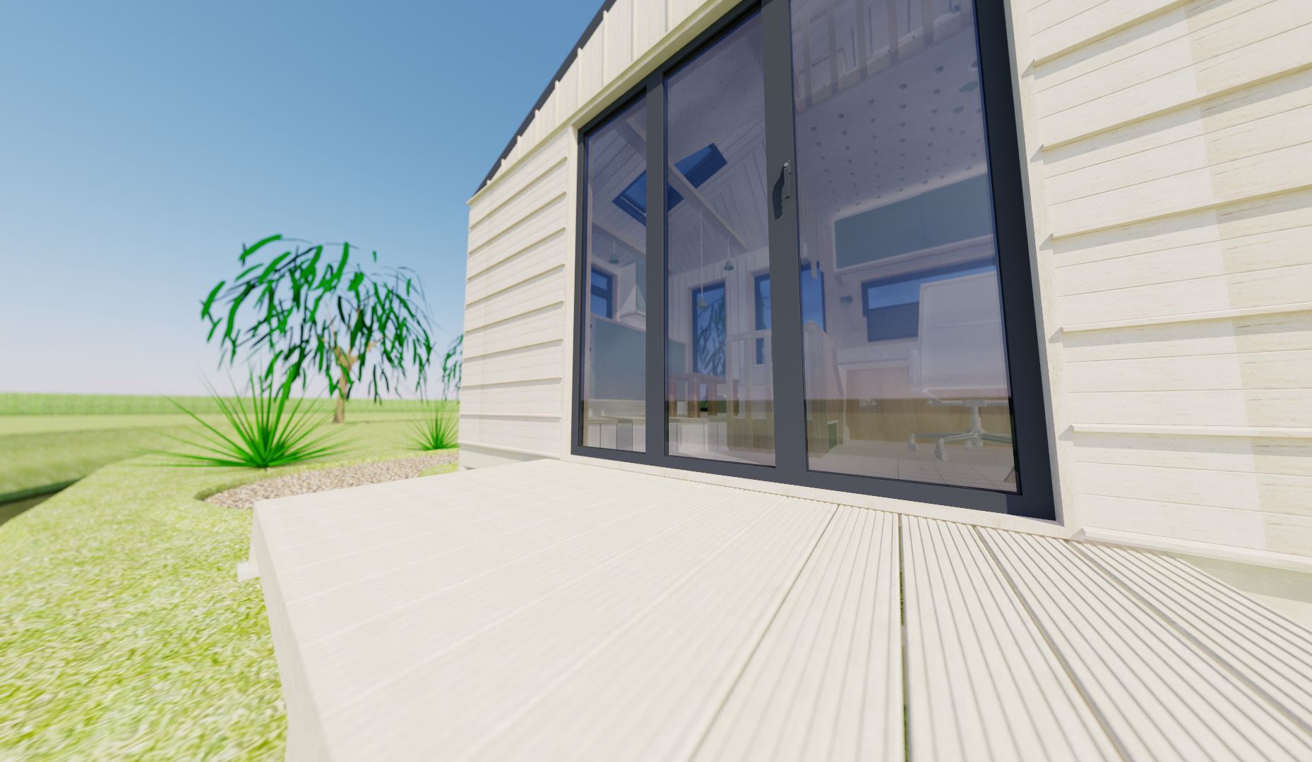 An alternate view of the bi-fold door shows that this also acts as the only entrance, which steps leading down from the low decking.