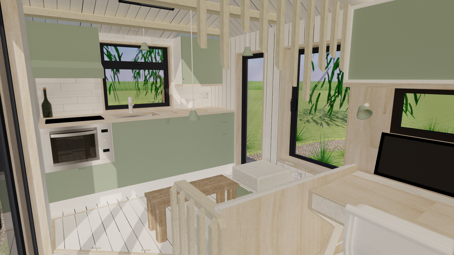 A final view of the inside, looking back towards the kitchenette and living area. The neutral colours and earthy tones help make the space feel bigger.