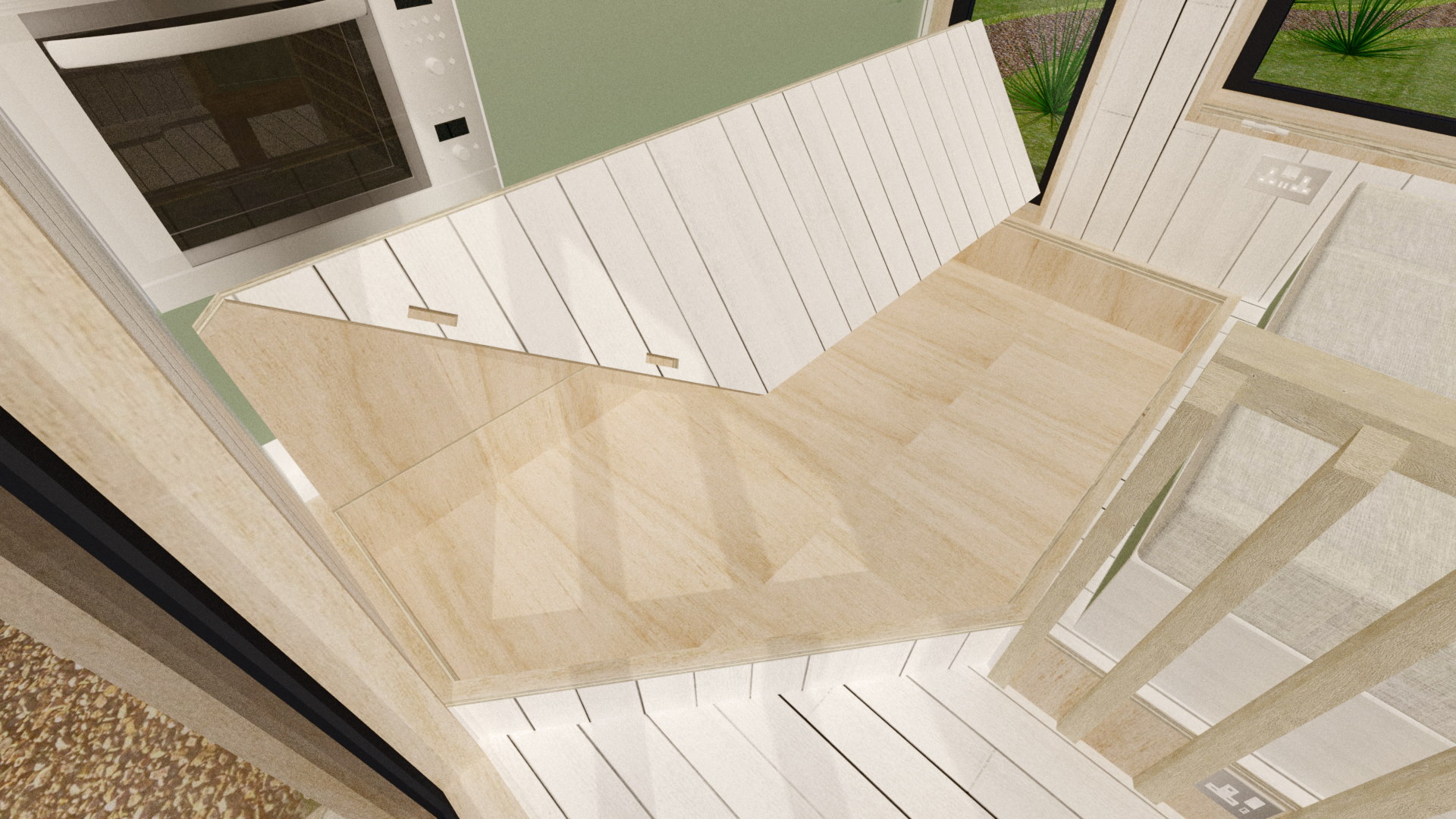 The large hidden storage area folds into two, and rests against the kitchen units.