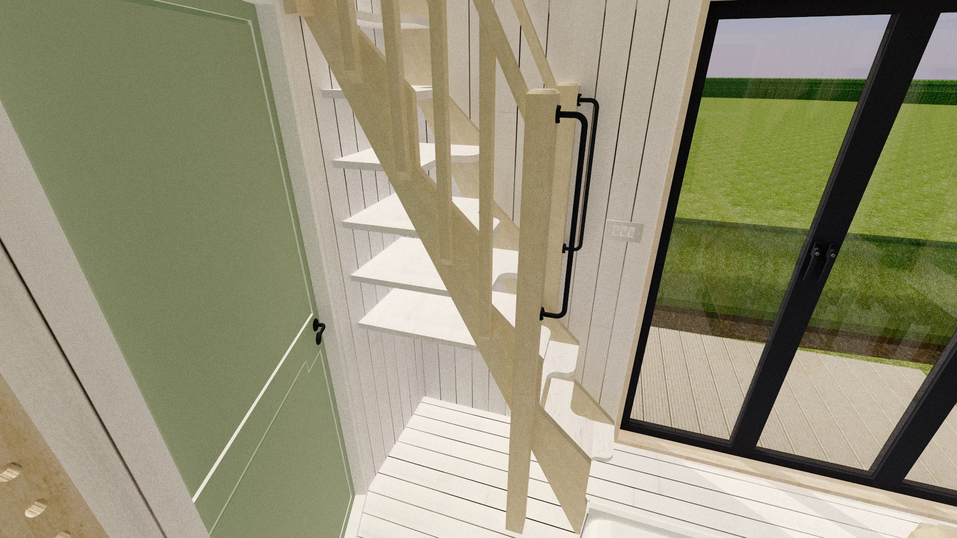 Even the steep stairs form their own shelving space! I'd probably use the shelves for clothes and towels, and the space at the bottom for shoes and boots.
