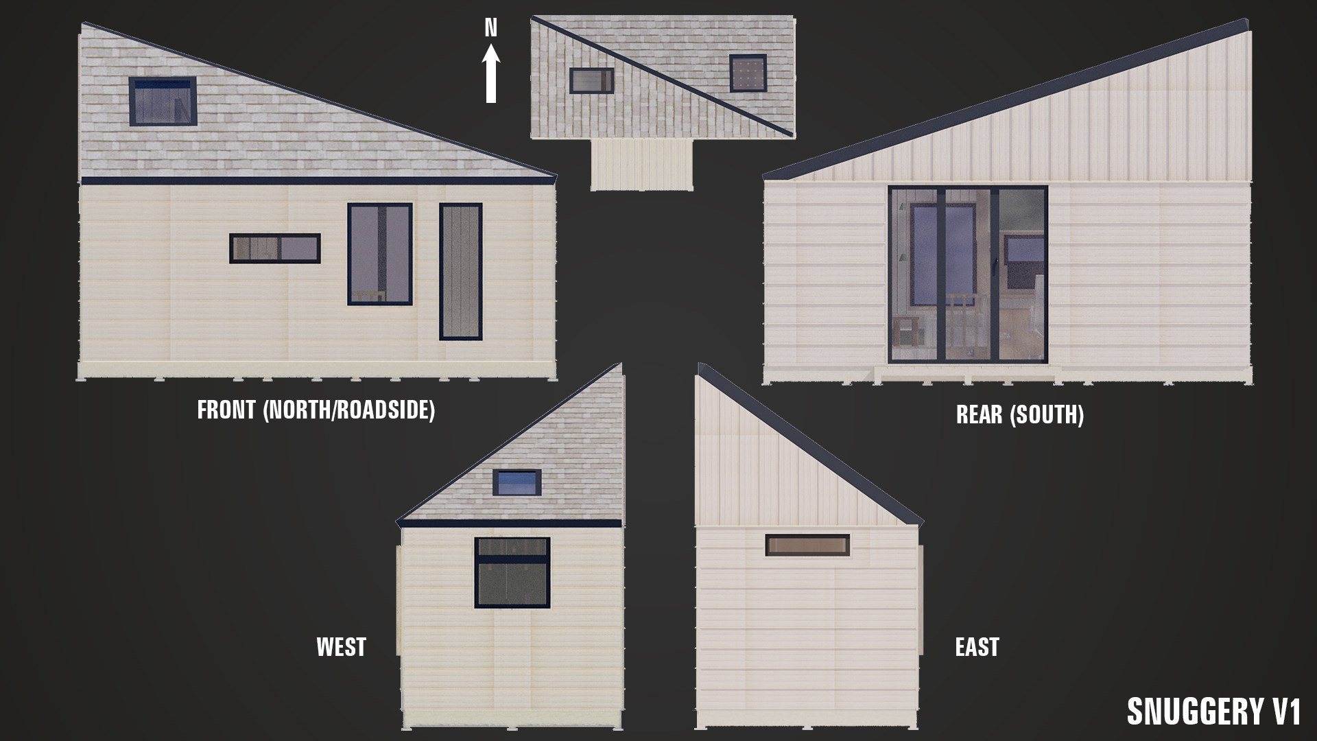 The elevations show the ideal orientation of the building. In reality, it can be turned 30 degrees either way and still make the most of the light.