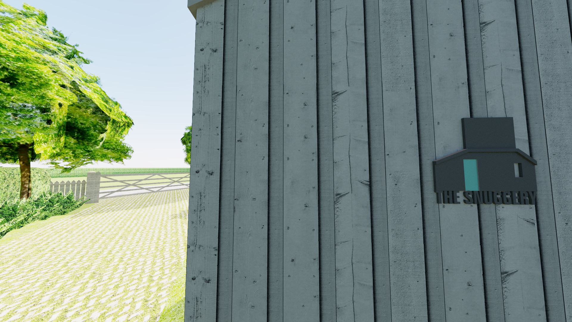 A silhouette of the tiny house is used to form a nameplate (although it should probably be situated on the north side so that it's visible from the road!)