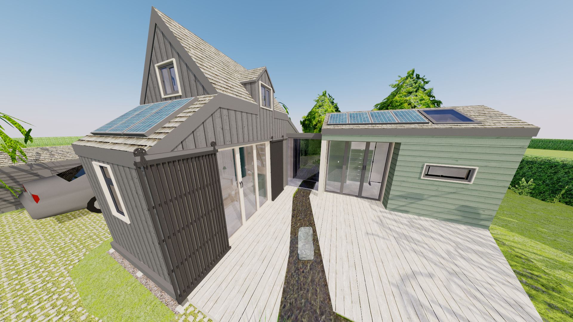 An overview from the south side shows the effectiveness of the glass link as a form of subtle separation.