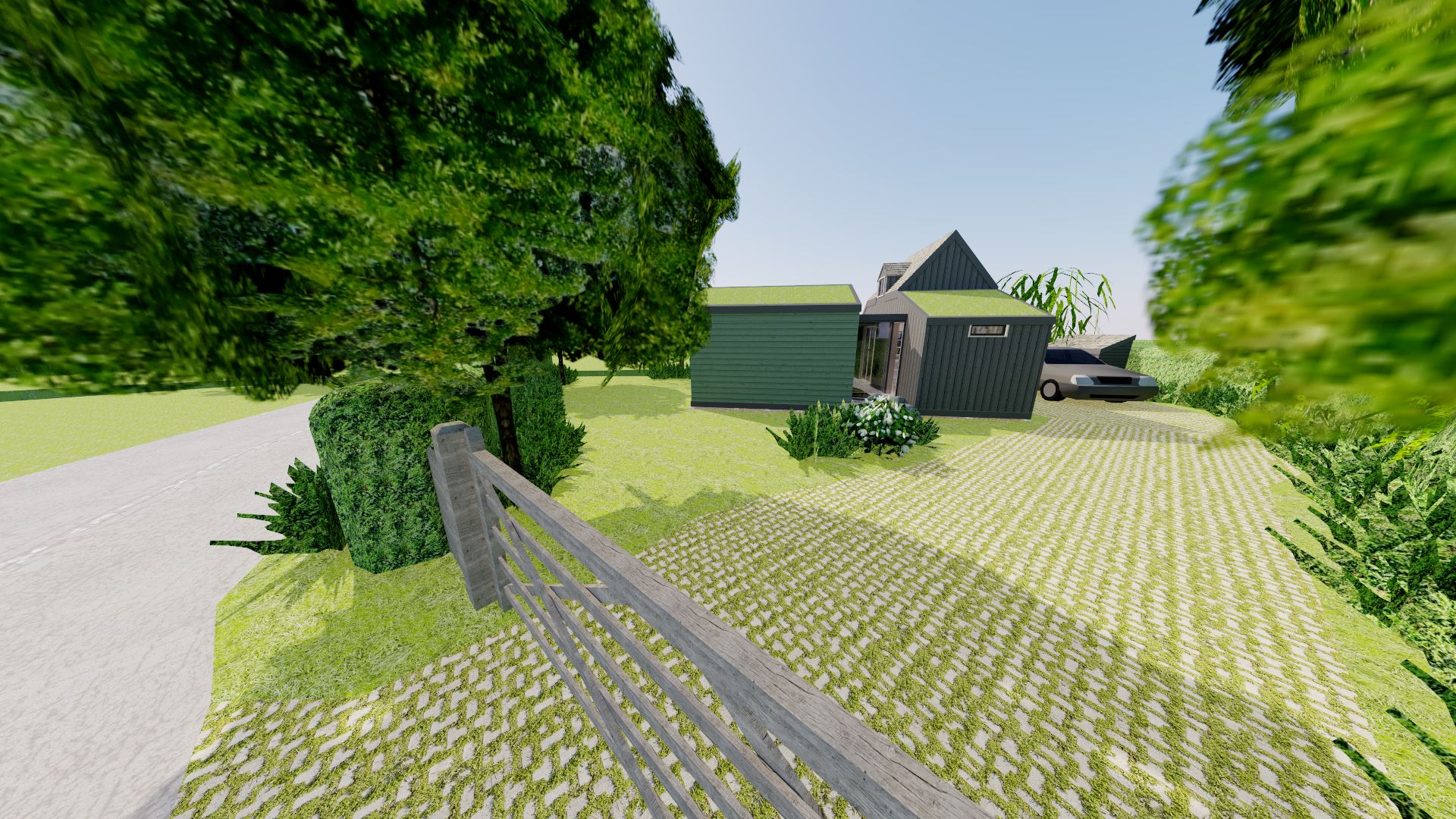Viewing the property from the north (roadside) shows how I've tried to minimise its visual impact by minimising windows and adding green roofs.