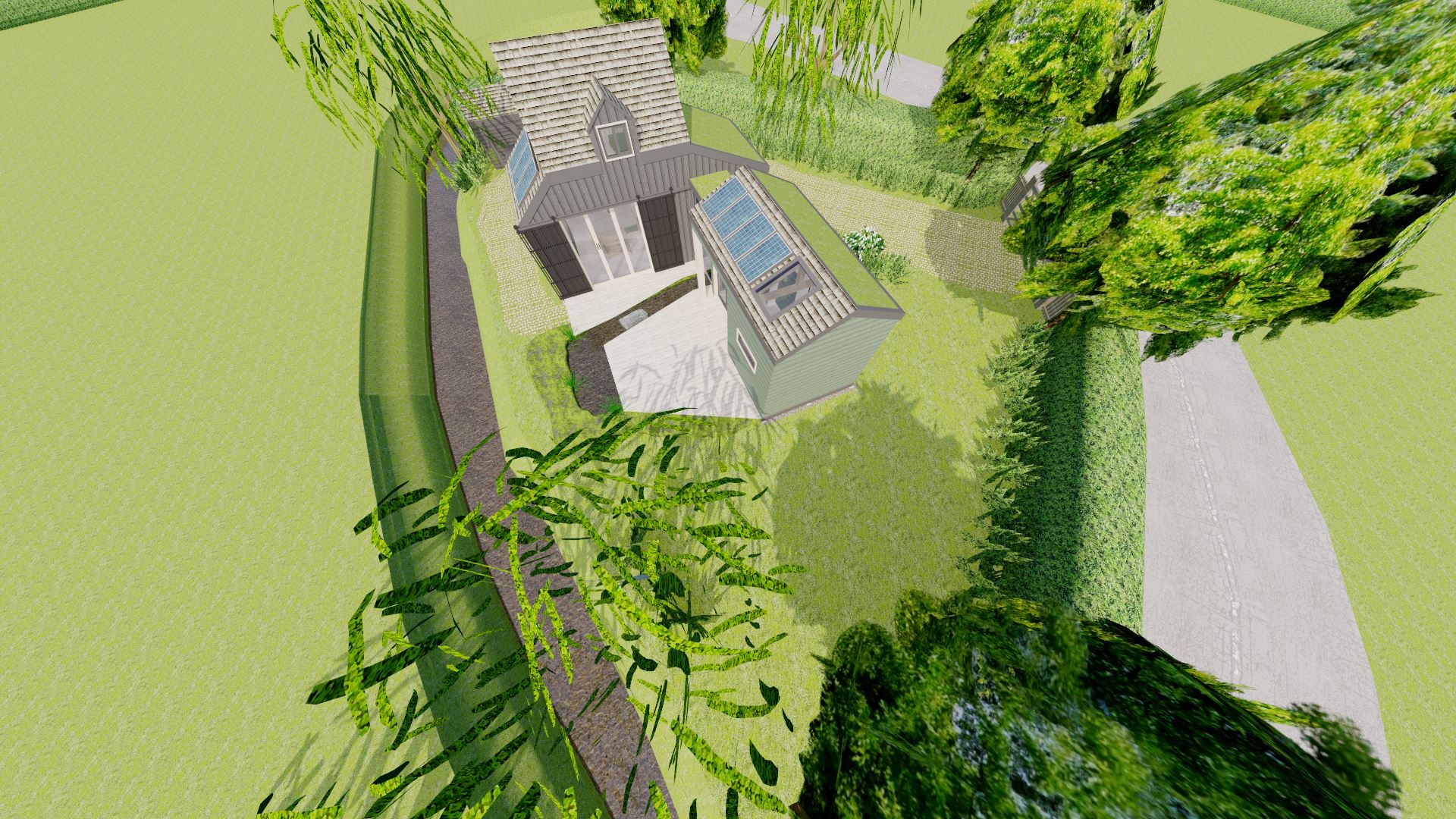 A birds-eye view of the most obtrusive angle, and still the property doesn't have much of a visual impact. Note the 4 solar panels on the south elevations.