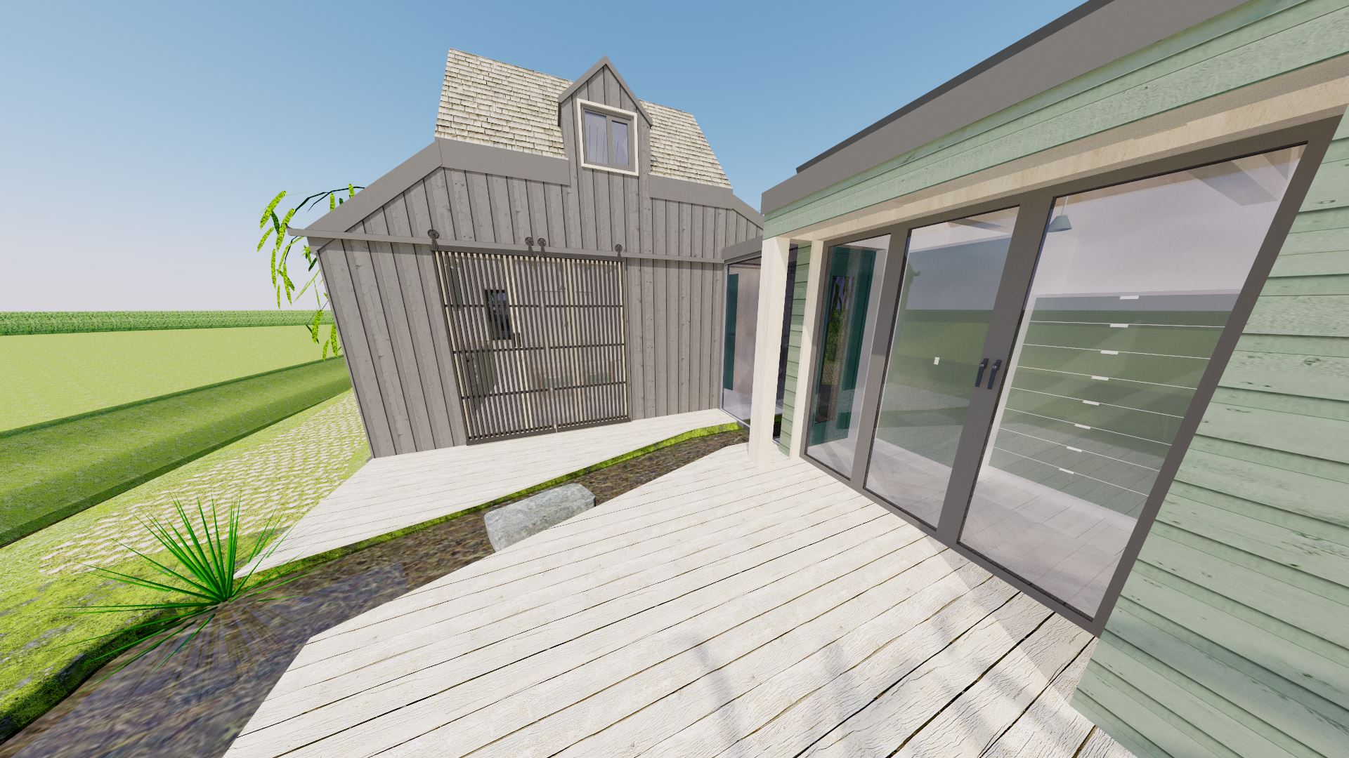 In order to help reduce the impact of all the glazing on the east side of the tiny house, a set of rolling shutter screens cover the bi-fold doors. This can be used during the day if the sunlight is too strong, or at night to reduce light pollution. In retrospect, it would be more effective if they were louvred rather than slats.