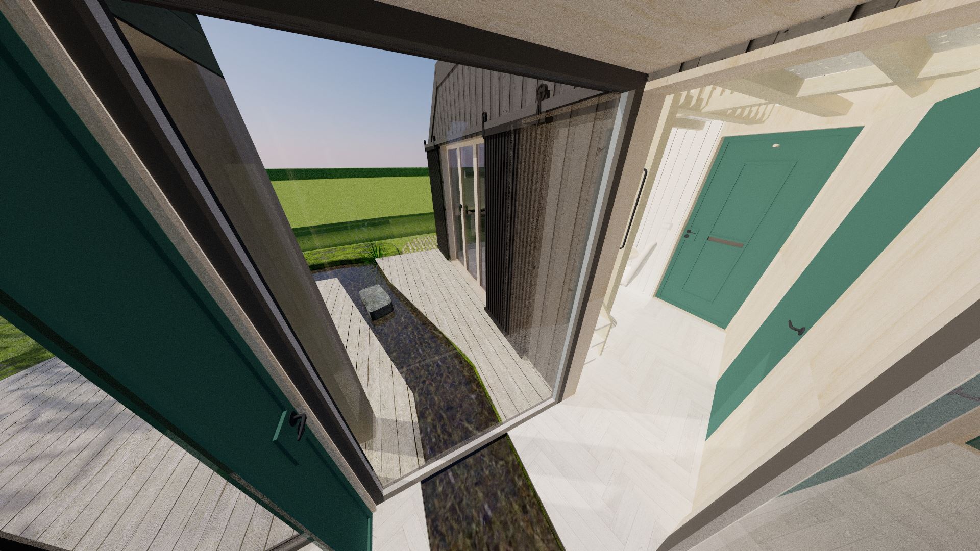 The floor of the glass link above the little water feature is also made of glass.