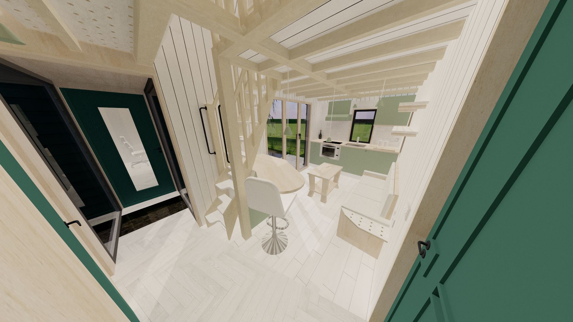 The living room/kitchen forms the majority of the tiny house, and now sits all on one level. There's also room for a few new shelves.