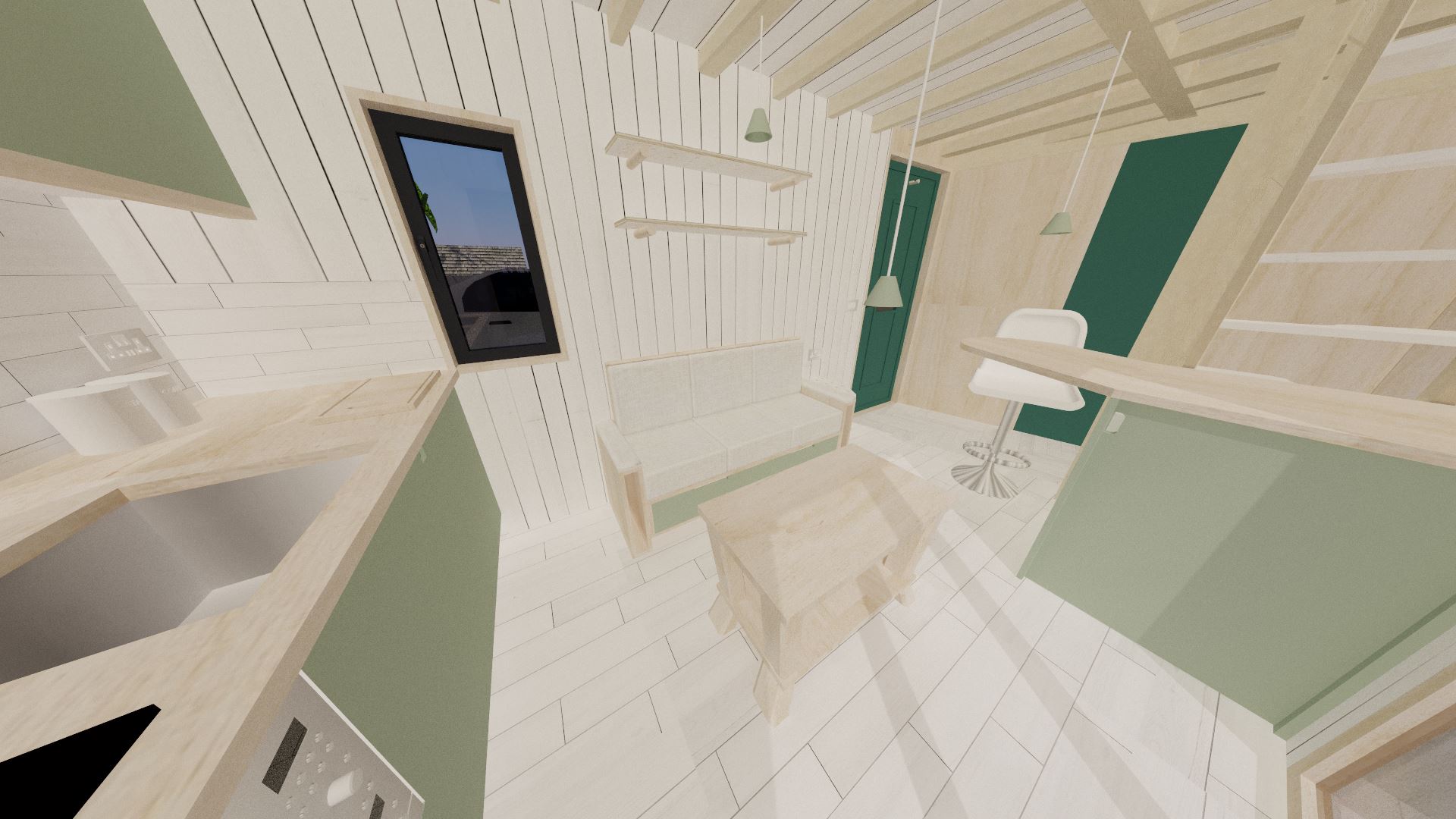 Looking towards the west side (front door), there's a bonus small window for a bit of cross-ventilation. Note the sofa and coffee table which have been redesigned to be at more ergonomic heights. The new armrests have storage space underneath for magazines/books.