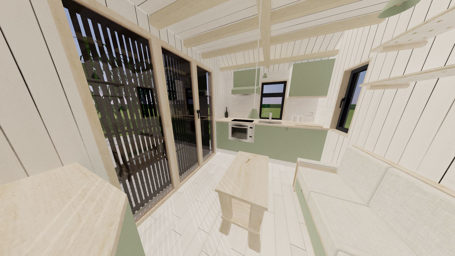 Shown in the closed position, the shutter cuts down on light both entering and exiting the property.