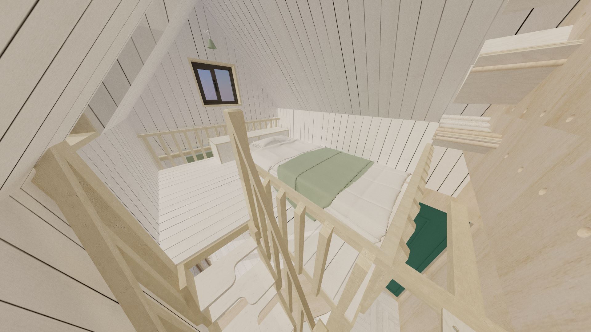 The loft features windows on two sides for cross ventilation. Rather than close off the loft, railings open it up to the space below to make things seem roomier.