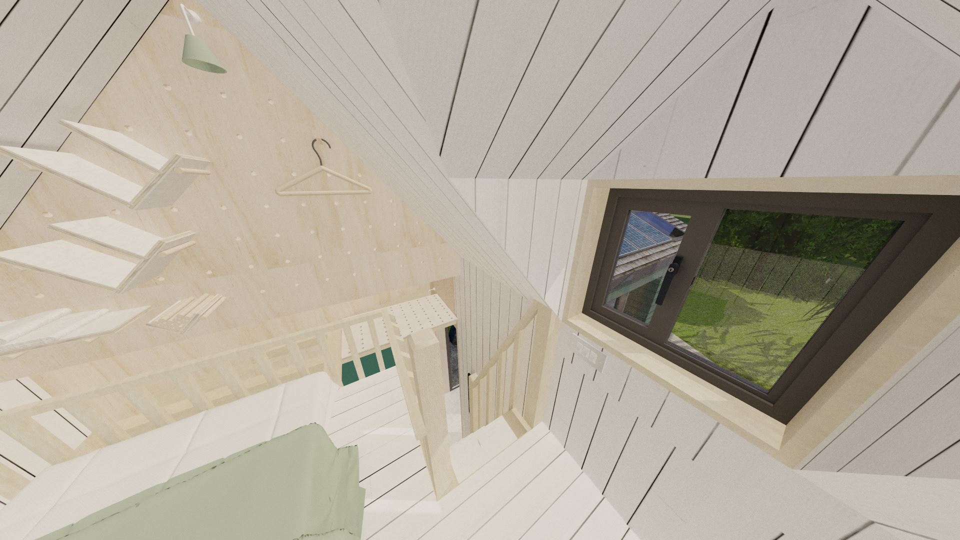 The dormer window gives more headroom near the top of the stairs. Note the same storage wall on the far wall as the previous design.