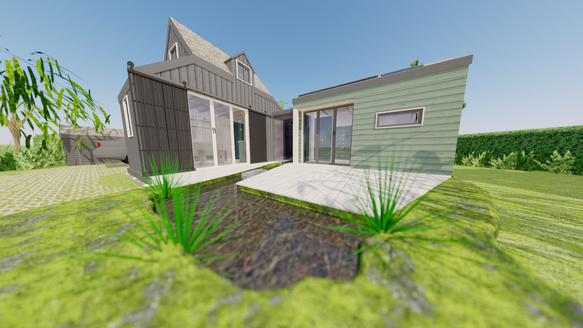 I've also shown how the decking area can be landscaped to include a moss garden and shallow pond, which runs underneath the glass link.
