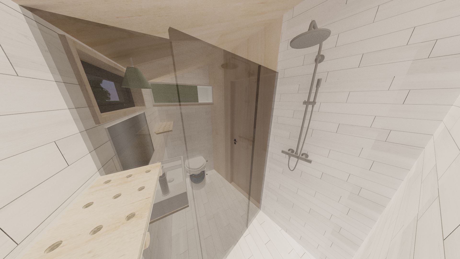 The two tone colour scheme mixes the white tiles with a wood finish to provide a bit of visual interest. The green lightshade and cupboard door add a pop of colour.