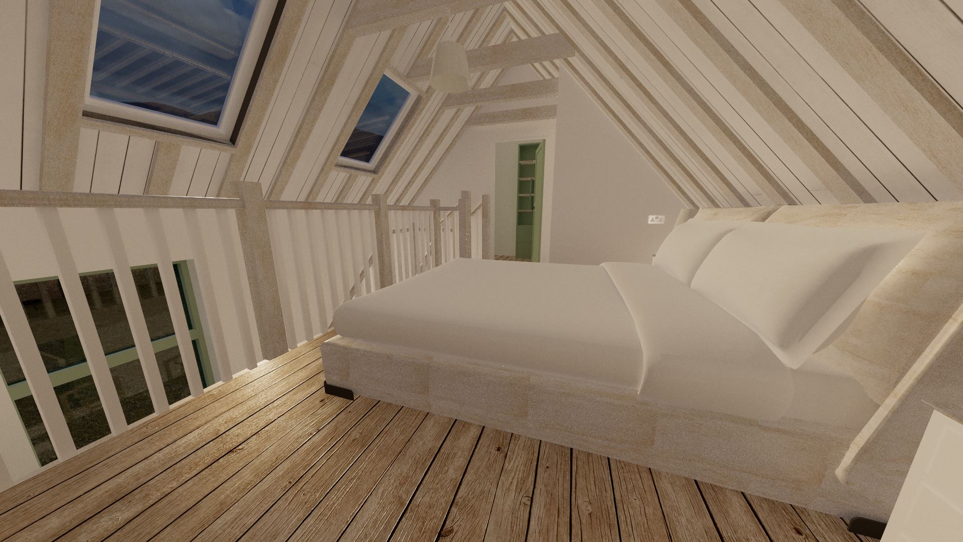 An alternate view of the bedroom shows the effectiveness of keeping it open to the staircase, and thus the large window on the ground floor.
