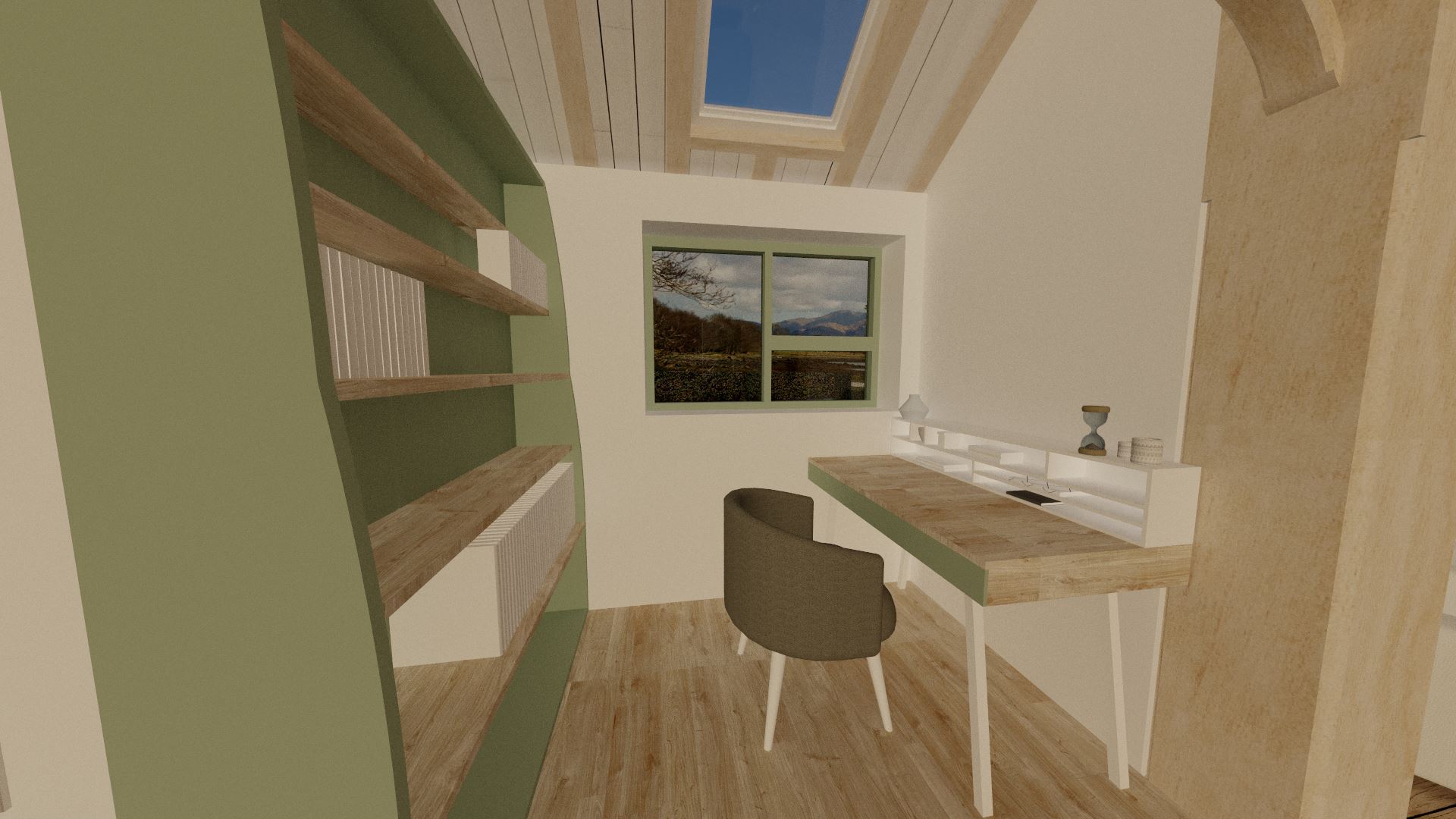 The office nook sits to the north side, against the bathroom wall. It's not a huge space, but there's enough room for a desk and bookcase. Oh, and what a nice view!